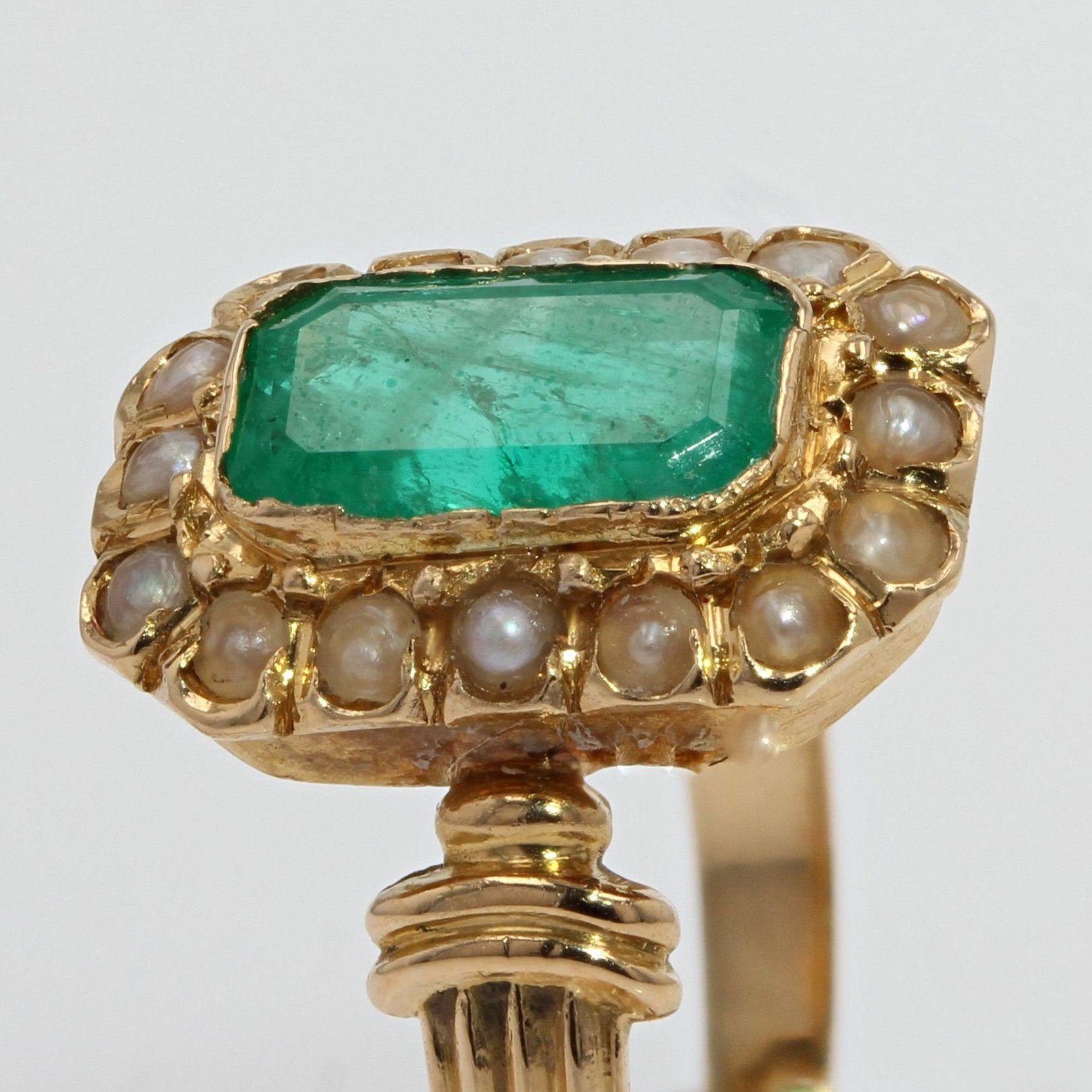 Emerald Cut French 19th Century Natural Pearl Emerald 18 Karat Yellow Gold Ring