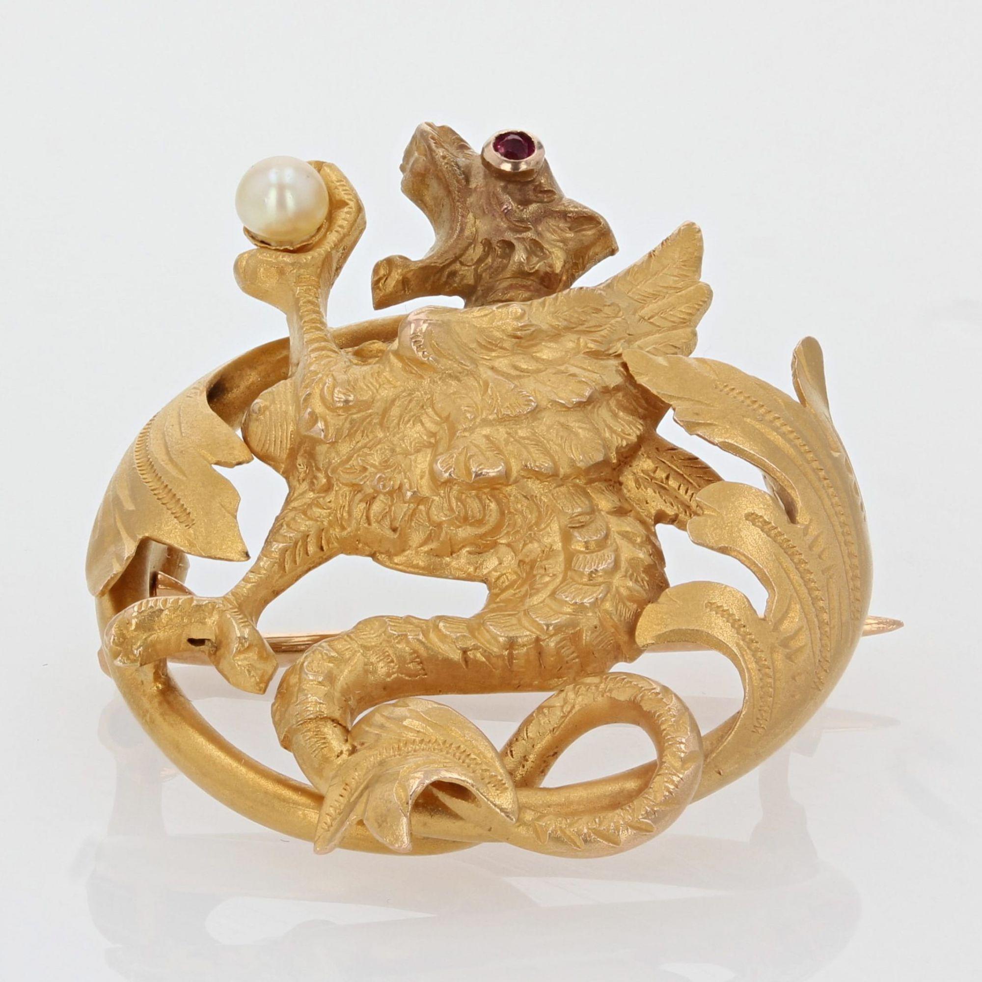 Napoleon III French 19th Century Natural Pearl Ruby 18 Karat Yellow Gold Chimera Brooch For Sale