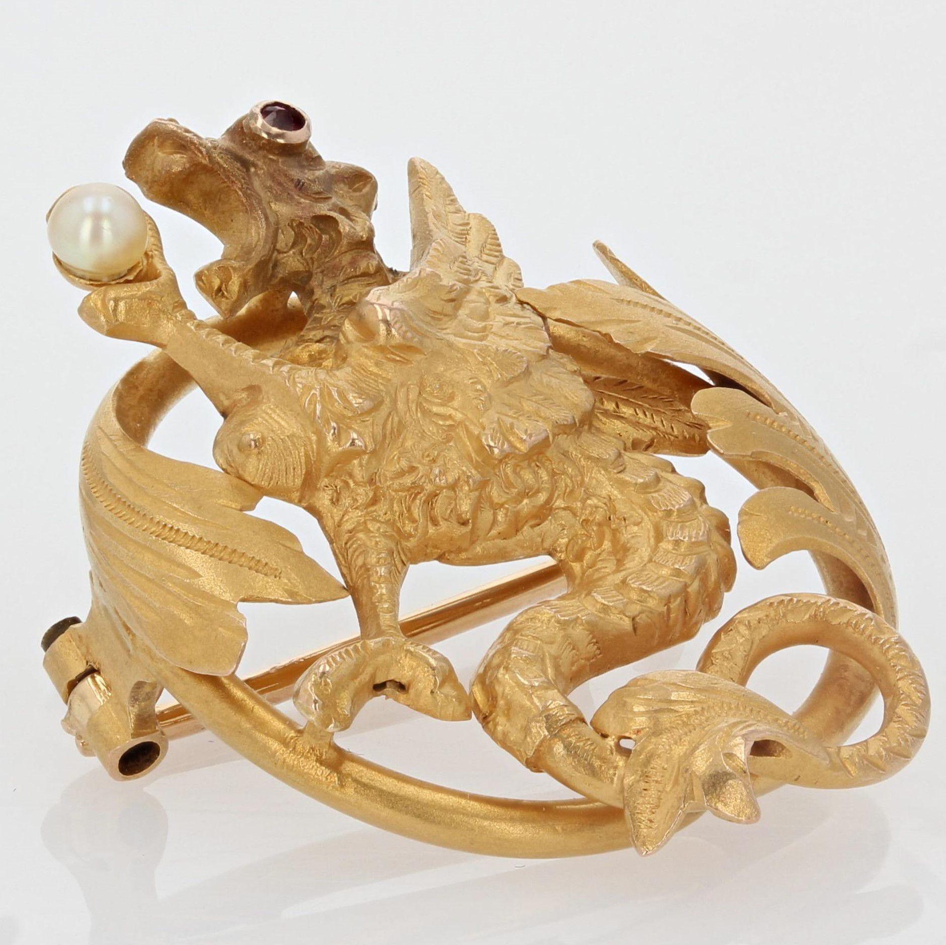Women's French 19th Century Natural Pearl Ruby 18 Karat Yellow Gold Chimera Brooch For Sale