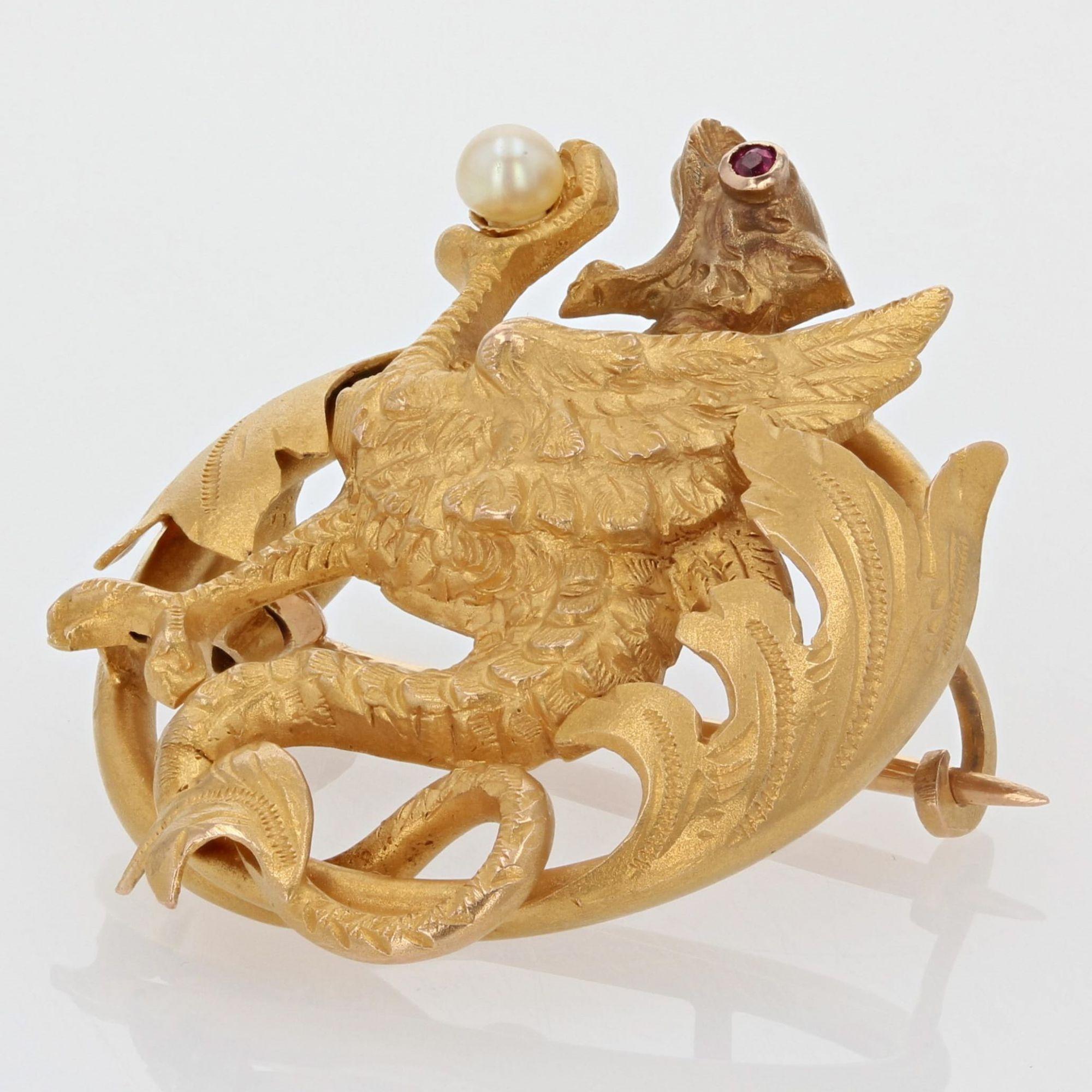 French 19th Century Natural Pearl Ruby 18 Karat Yellow Gold Chimera Brooch For Sale 1