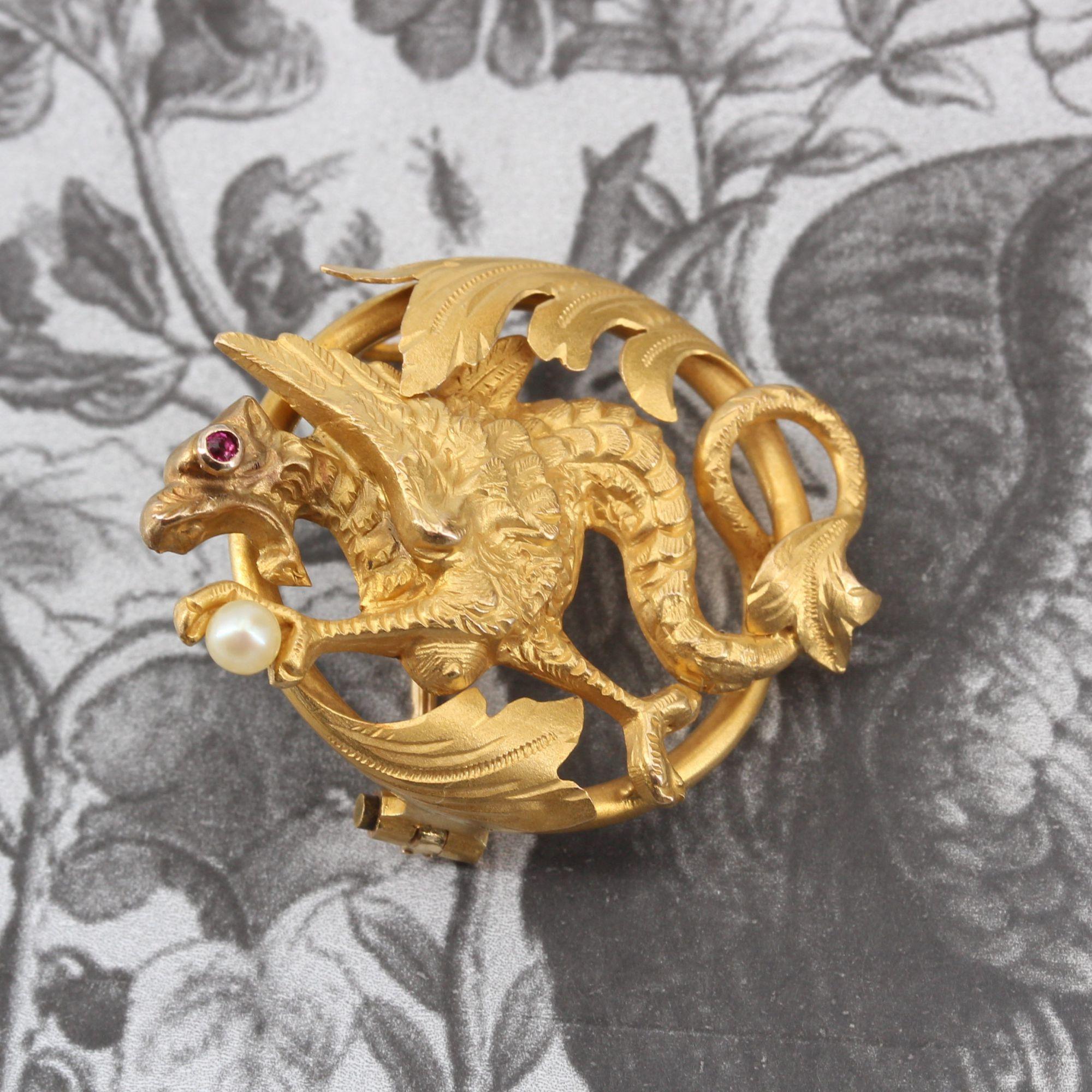 French 19th Century Natural Pearl Ruby 18 Karat Yellow Gold Chimera Brooch For Sale 2