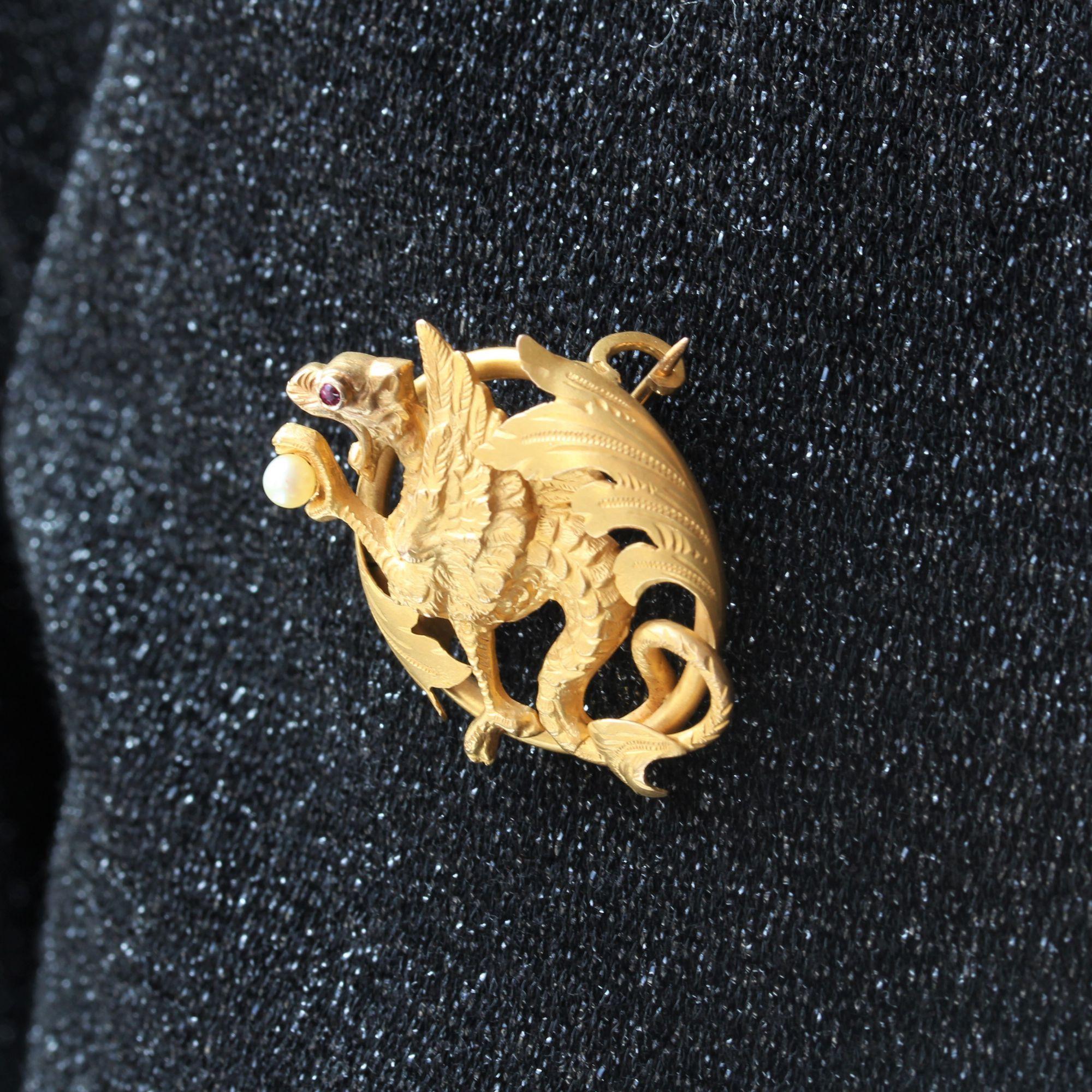 French 19th Century Natural Pearl Ruby 18 Karat Yellow Gold Chimera Brooch For Sale 3