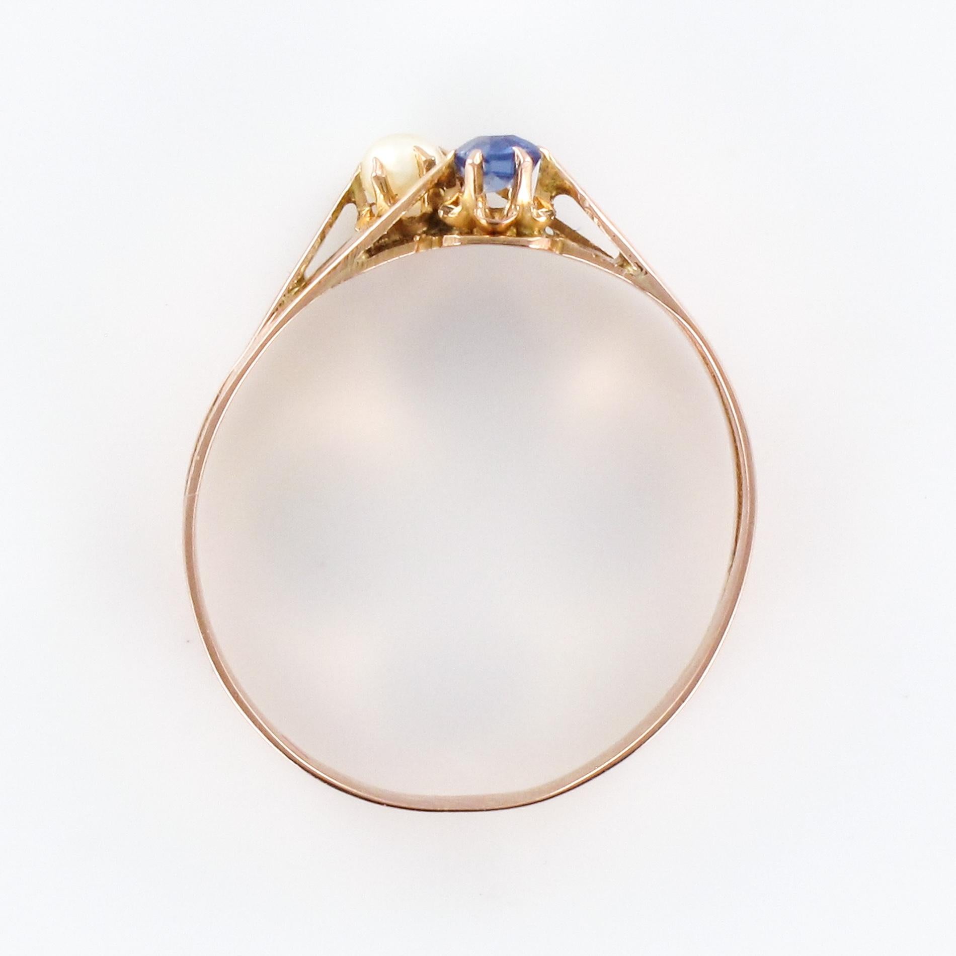 Französisch 19. Jahrhundert Natürliche Perle Saphir 18 Karat Rose Gold Sie und ich Ring im Angebot 9