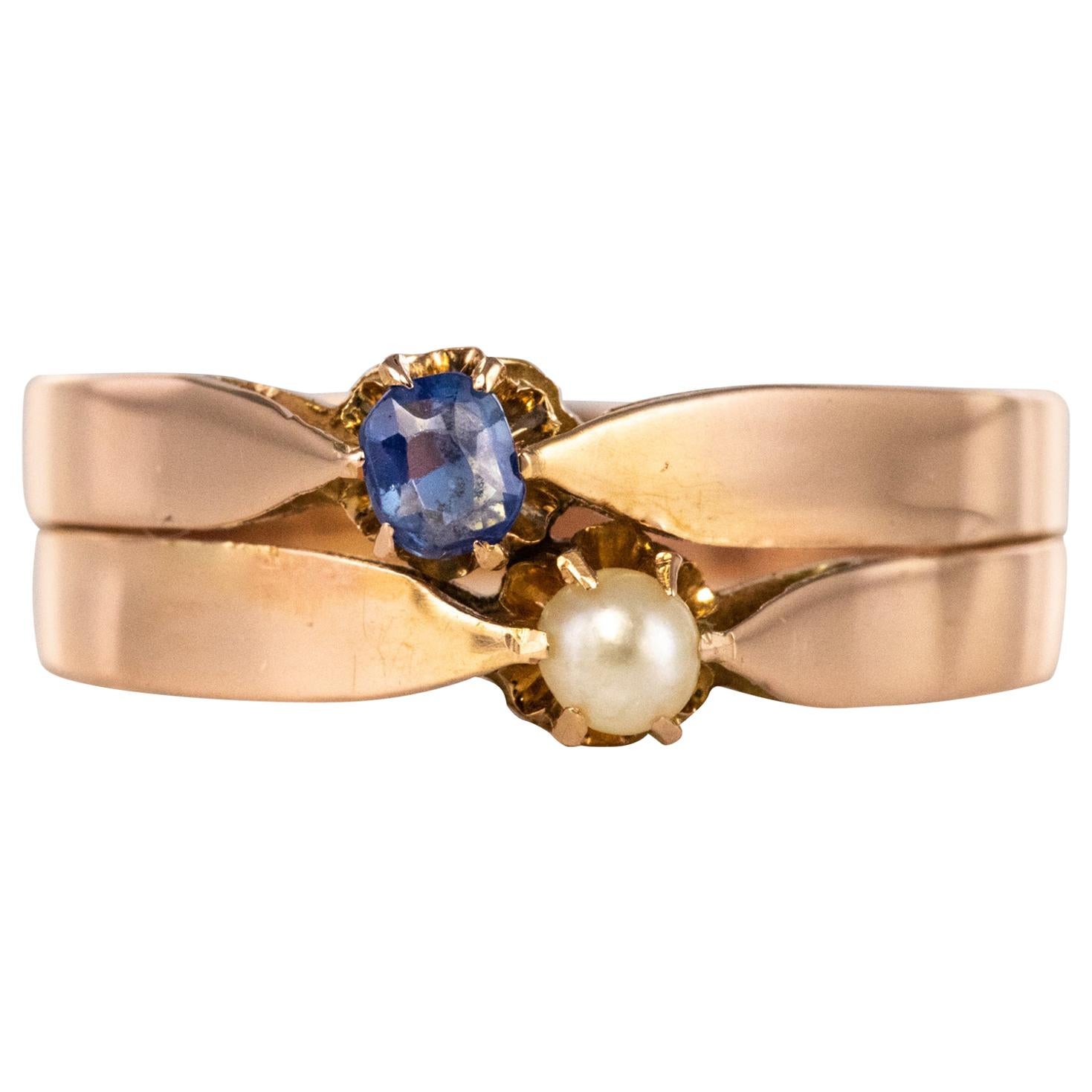 Französisch 19. Jahrhundert Natürliche Perle Saphir 18 Karat Rose Gold Sie und ich Ring