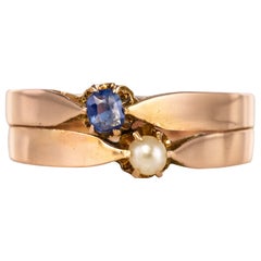 French 19th Century Natural Pearl Sapphire 18 Karat Rose Gold You and Me Ring