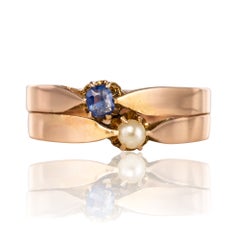 French 19th Century Natural Pearl Sapphire 18 Karat Rose Gold You and Me Ring