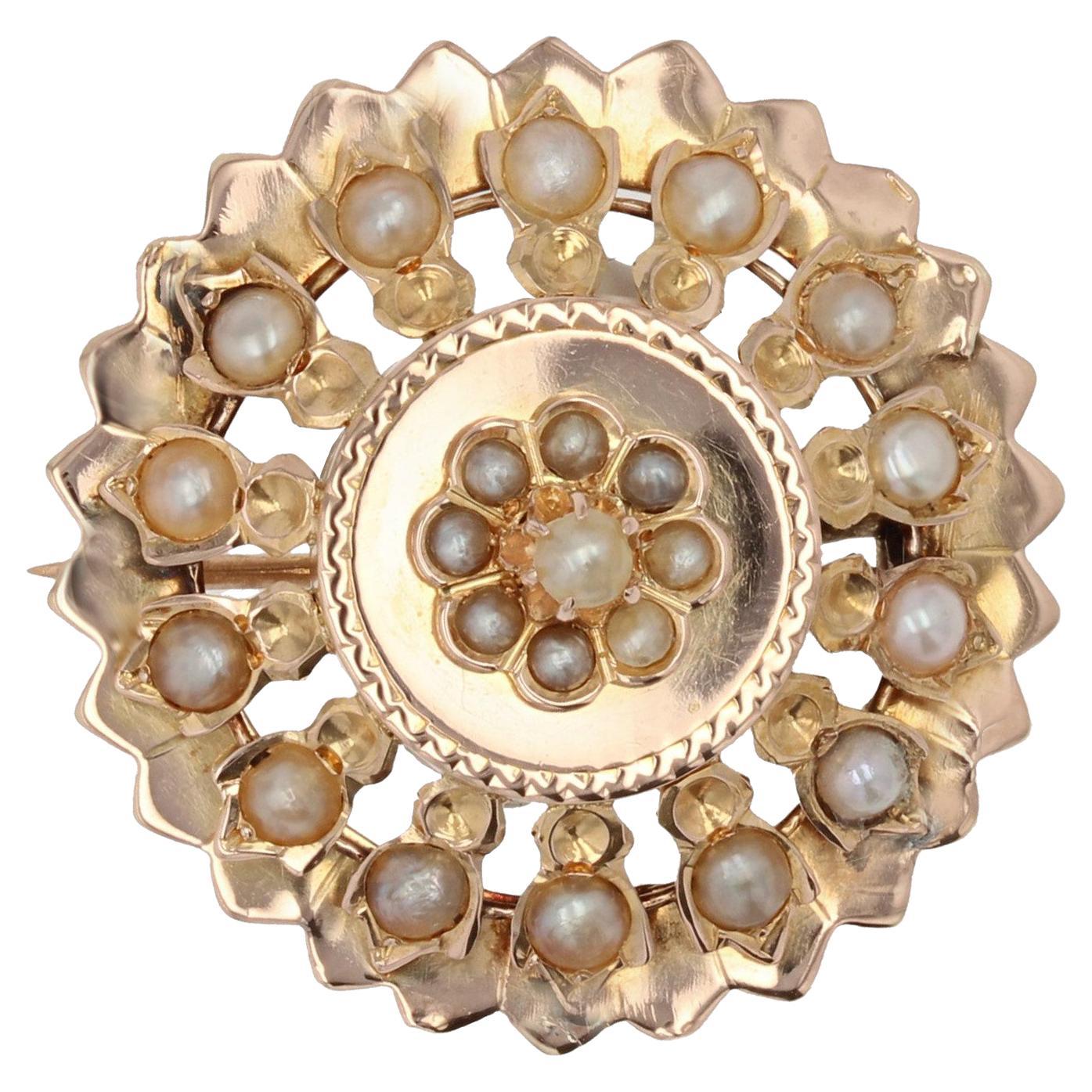 French 19th Century Natural Pearls 18 Karat Rose Gold Brooch