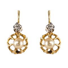 French 19th Century Natural Pearls Diamonds 18 Karat Gold Sleepers Earrings
