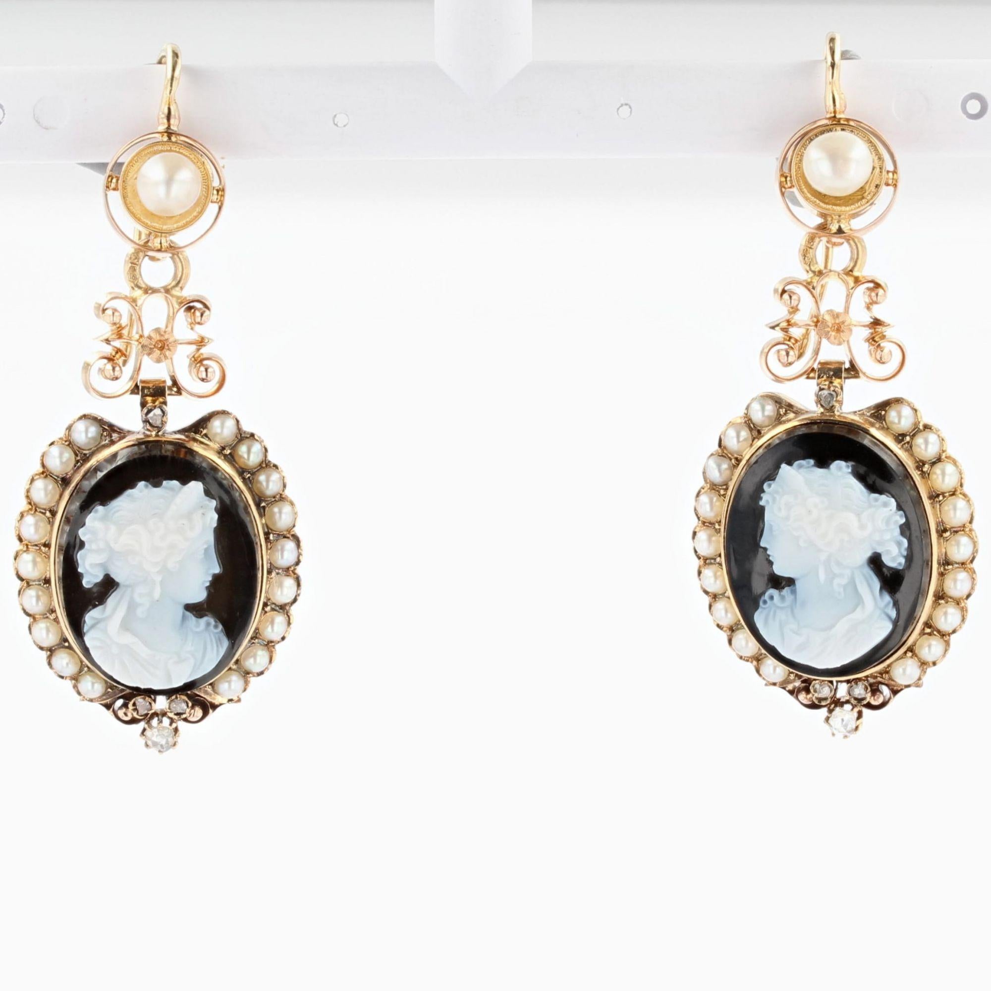 French 19th Century Natural Pearls Diamonds Onyx Cameo Set For Sale 5