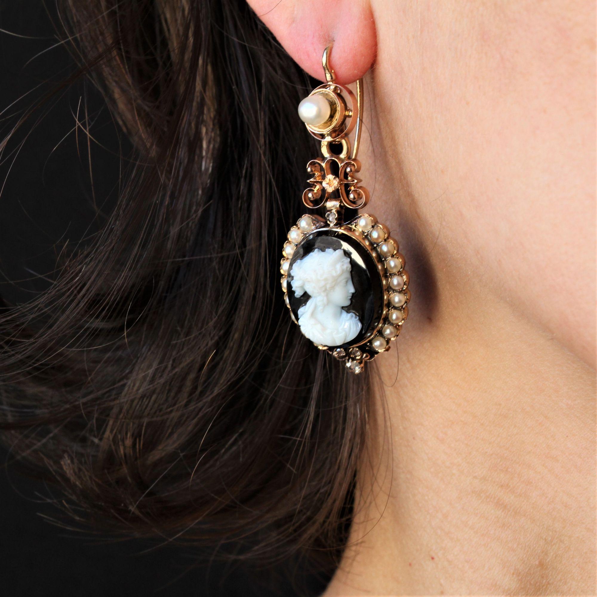French 19th Century Natural Pearls Diamonds Onyx Cameo Set For Sale 6