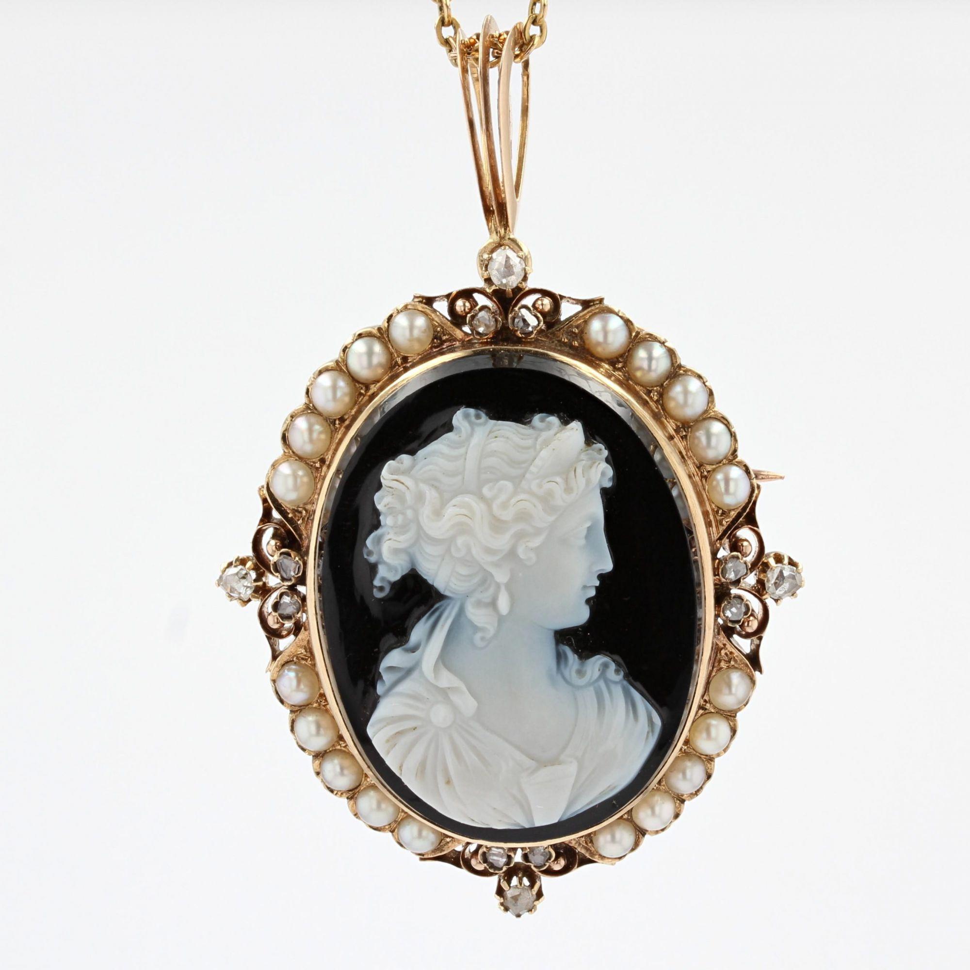 French 19th Century Natural Pearls Diamonds Onyx Cameo Set In Good Condition For Sale In Poitiers, FR