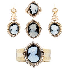 Antique French 19th Century Natural Pearls Diamonds Onyx Cameo Set