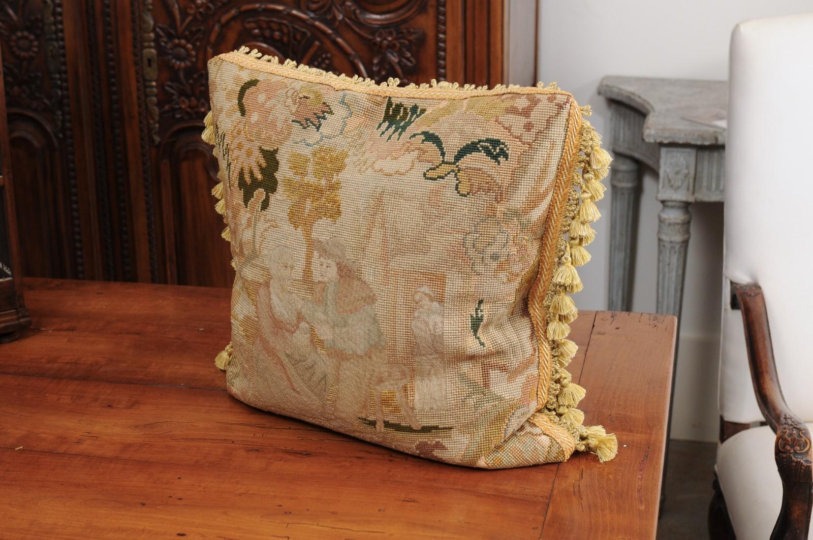 French 19th Century Needlepoint Tapestry Pillow Depicting a Man Courting a Woman For Sale 7