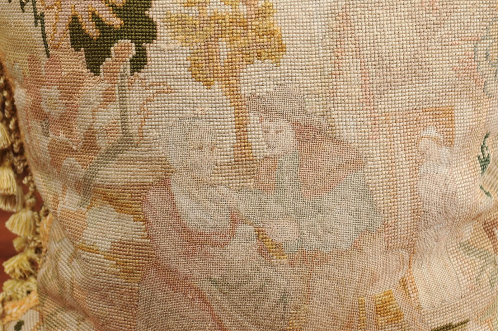French 19th Century Needlepoint Tapestry Pillow Depicting a Man Courting a Woman For Sale 8