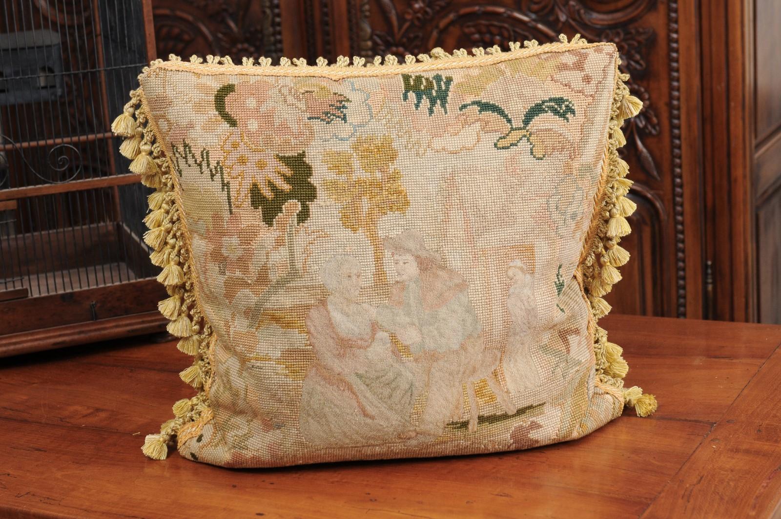 French 19th Century Needlepoint Tapestry Pillow Depicting a Man Courting a Woman For Sale 1