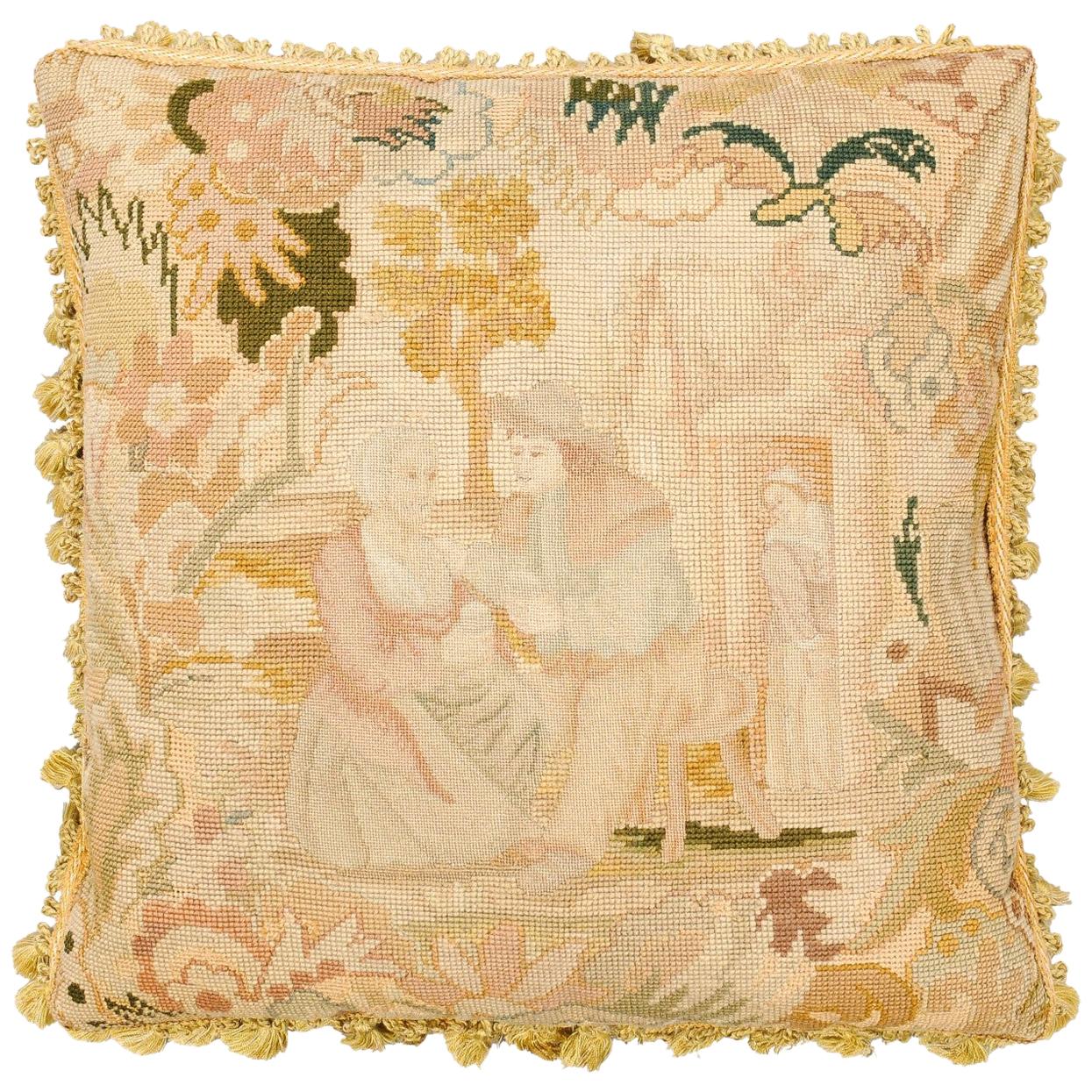 French 19th Century Needlepoint Tapestry Pillow Depicting a Man Courting a Woman For Sale