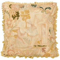 French 19th Century Needlepoint Tapestry Pillow Depicting a Man Courting a Woman