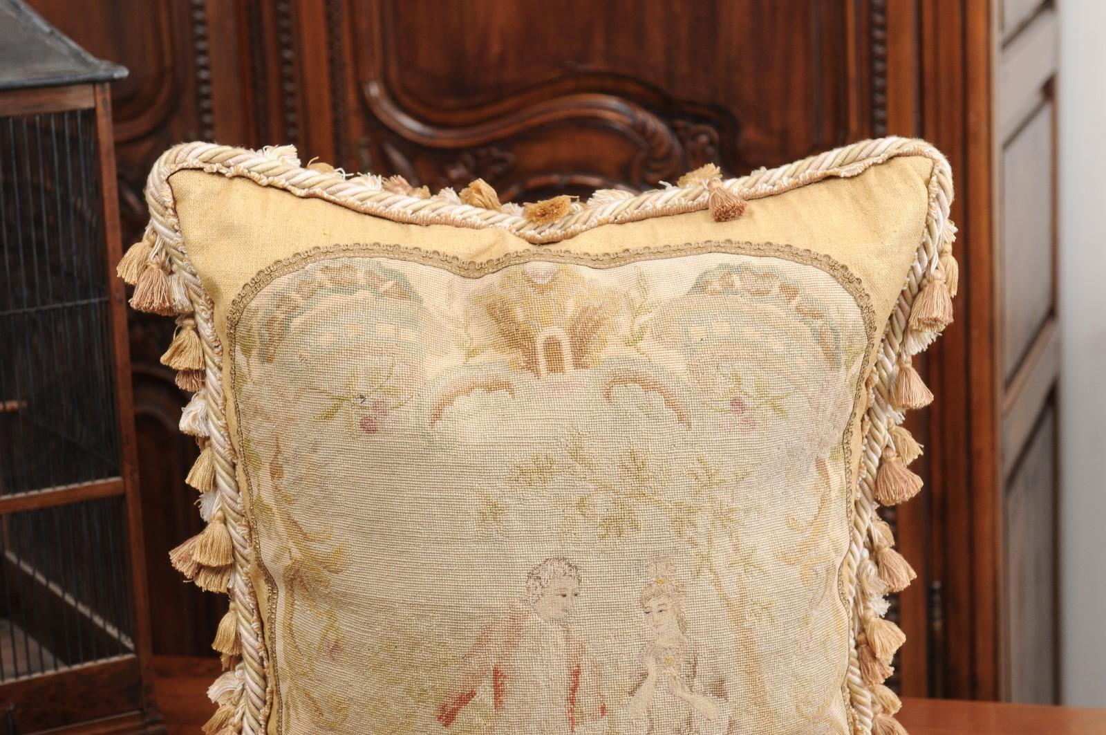 French 19th Century Needlepoint Tapestry Pillow Depicting Two Artistocrates For Sale 1