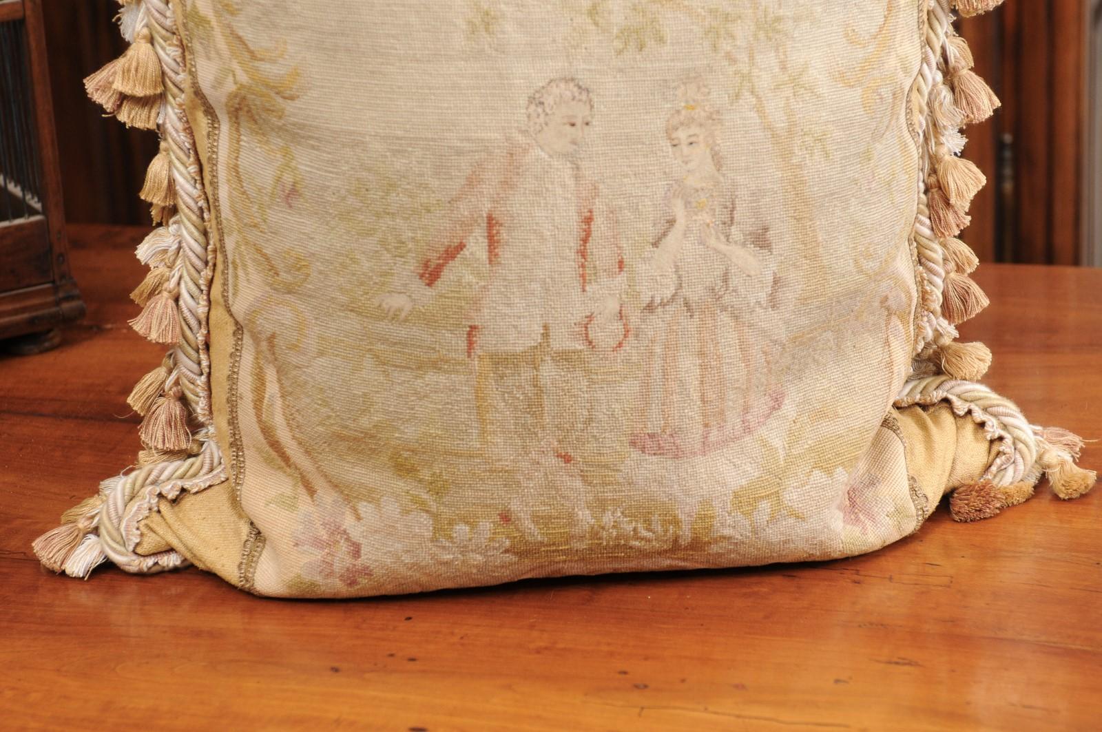 French 19th Century Needlepoint Tapestry Pillow Depicting Two Artistocrates For Sale 2