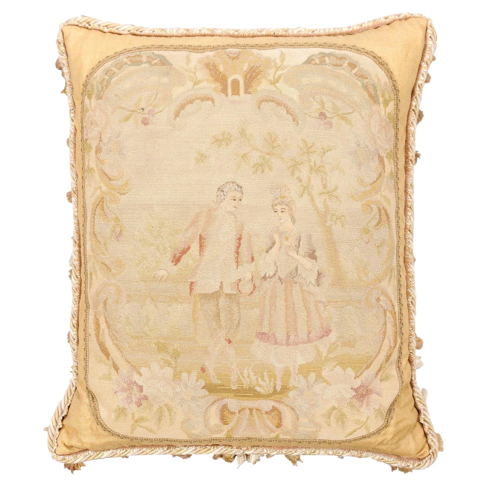 French 19th Century Needlepoint Tapestry Pillow Depicting Two Artistocrates For Sale