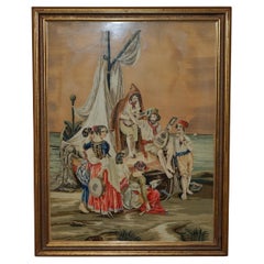 FRENCH 19TH CENTURY NEEDLEWORK EMBROIDERY TAPESTRY PiCTURE OF MUSICIANS SAILORS