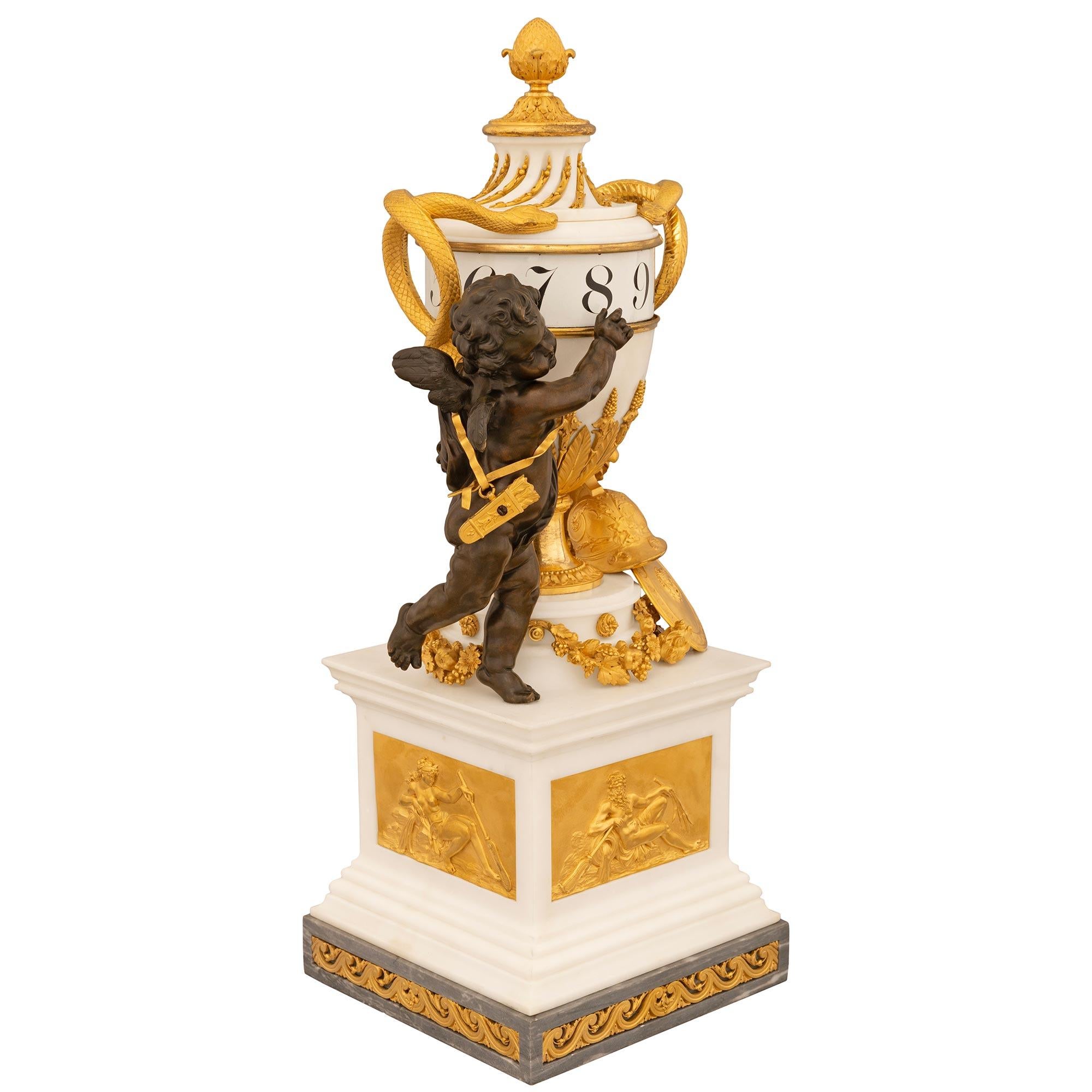 Neoclassical French 19th Century Neo-Classical Period Marble, Ormolu, & Bronze Clock For Sale