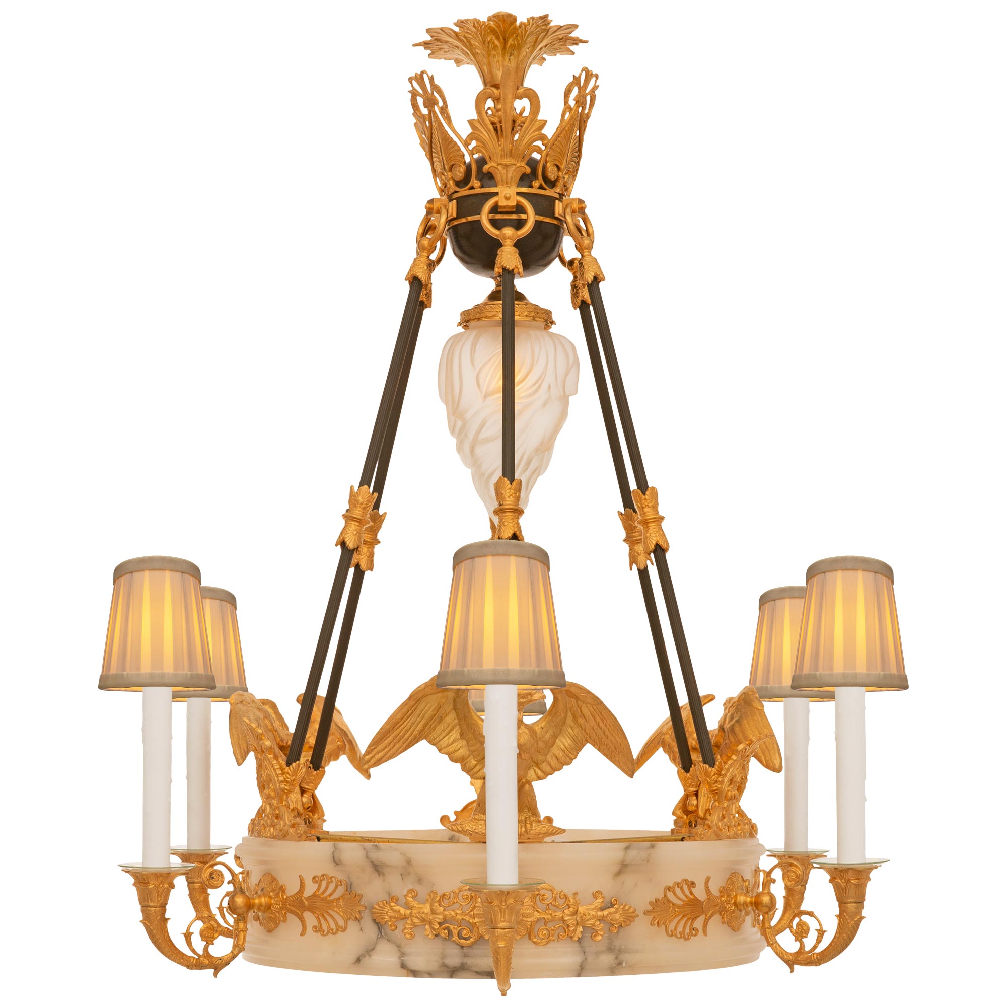 Lustre en bronze, bronze doré et albâtre de style néo-classique français du XIXe siècle