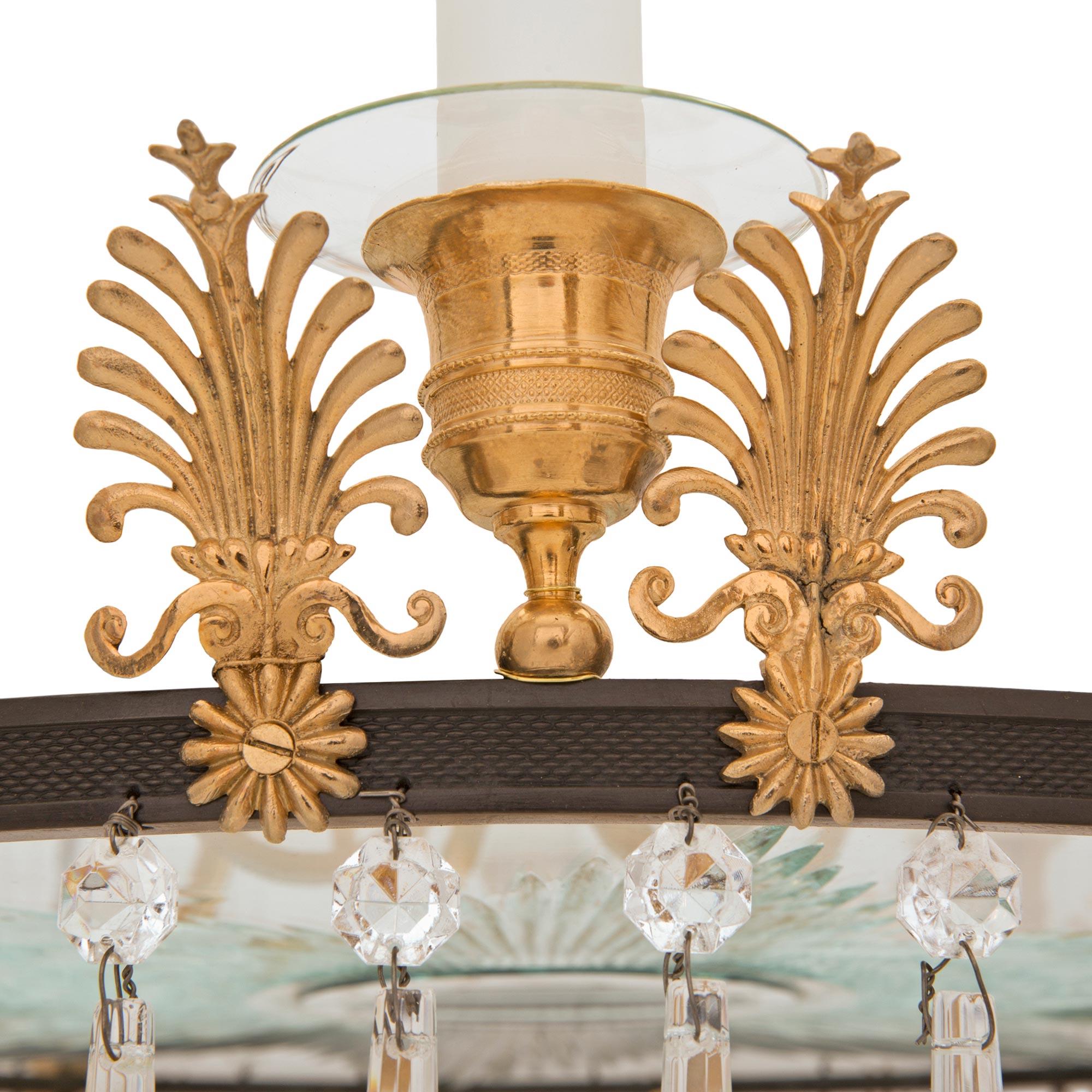 Patinated French 19th Century Neo-Classical St. Bronze, Ormolu, And Crystal Chandelier For Sale