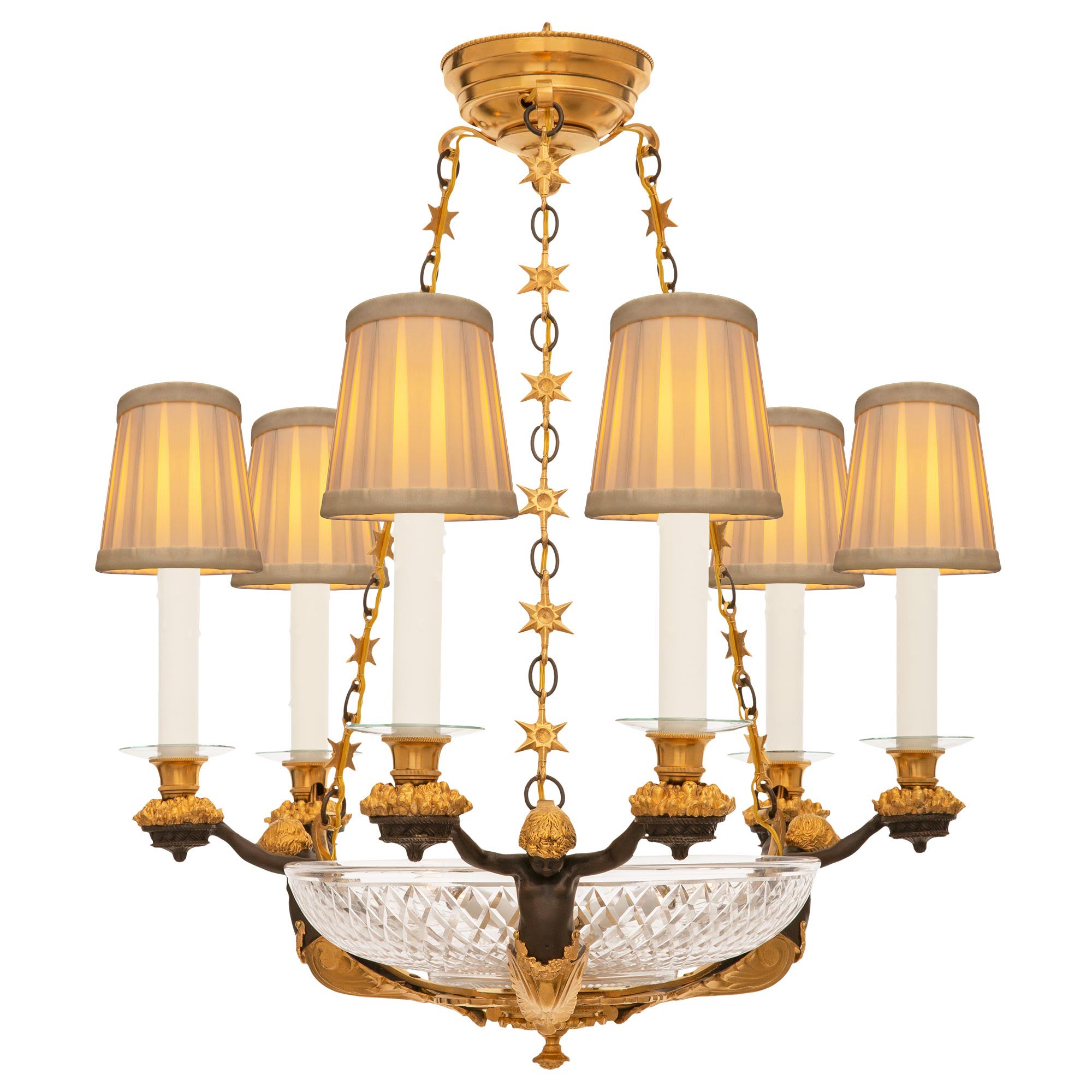 Lustre néoclassique français du 19ème siècle en bronze, bronze doré et verre