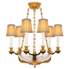 Lustre néoclassique français du 19ème siècle en bronze, bronze doré et verre