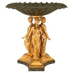 Centro de mesa neoclásico francés del siglo XIX de mármol verde y falso, Ormolu