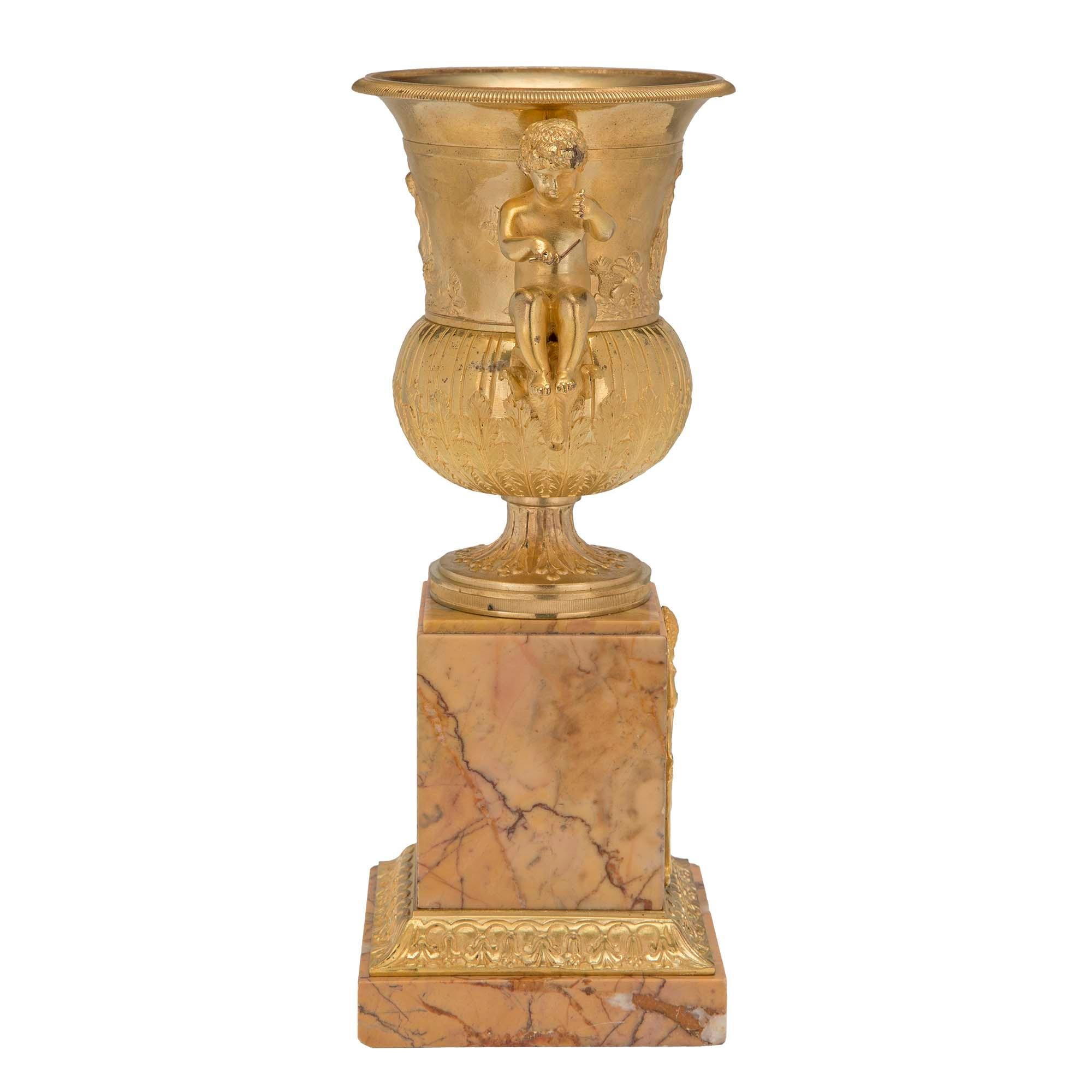 Neoclassical French 19th Century Neo-Classical St. Ormolu and Sienna Marble Urns For Sale