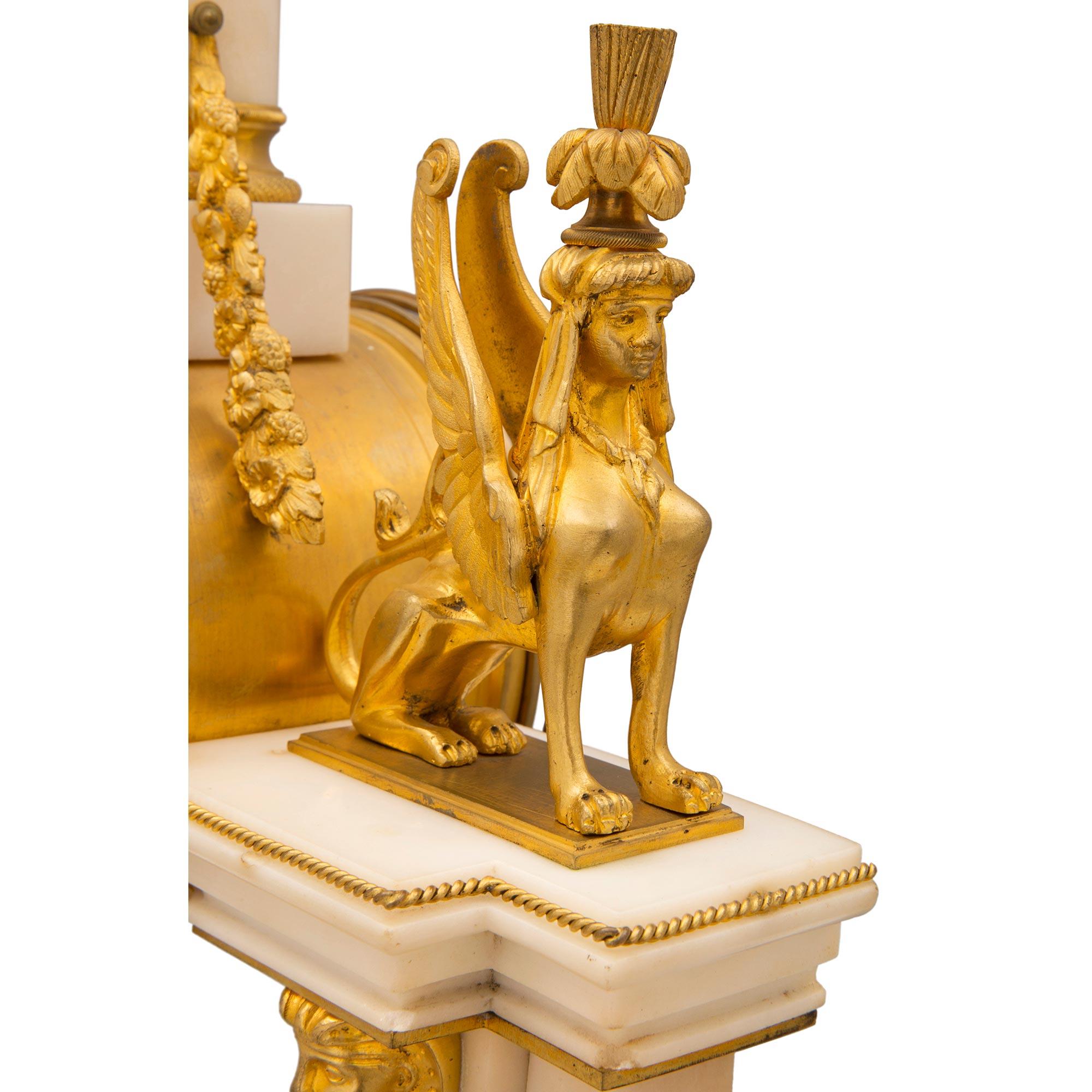 French 19th Century Neo-Classical St. Ormolu and White Carrara Marble Clock For Sale 8