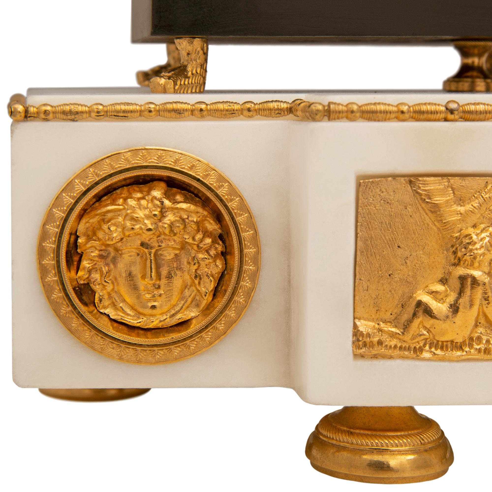 French 19th Century Neo-Classical St. Ormolu, Patinated Bronze, And Marble Clock For Sale 5