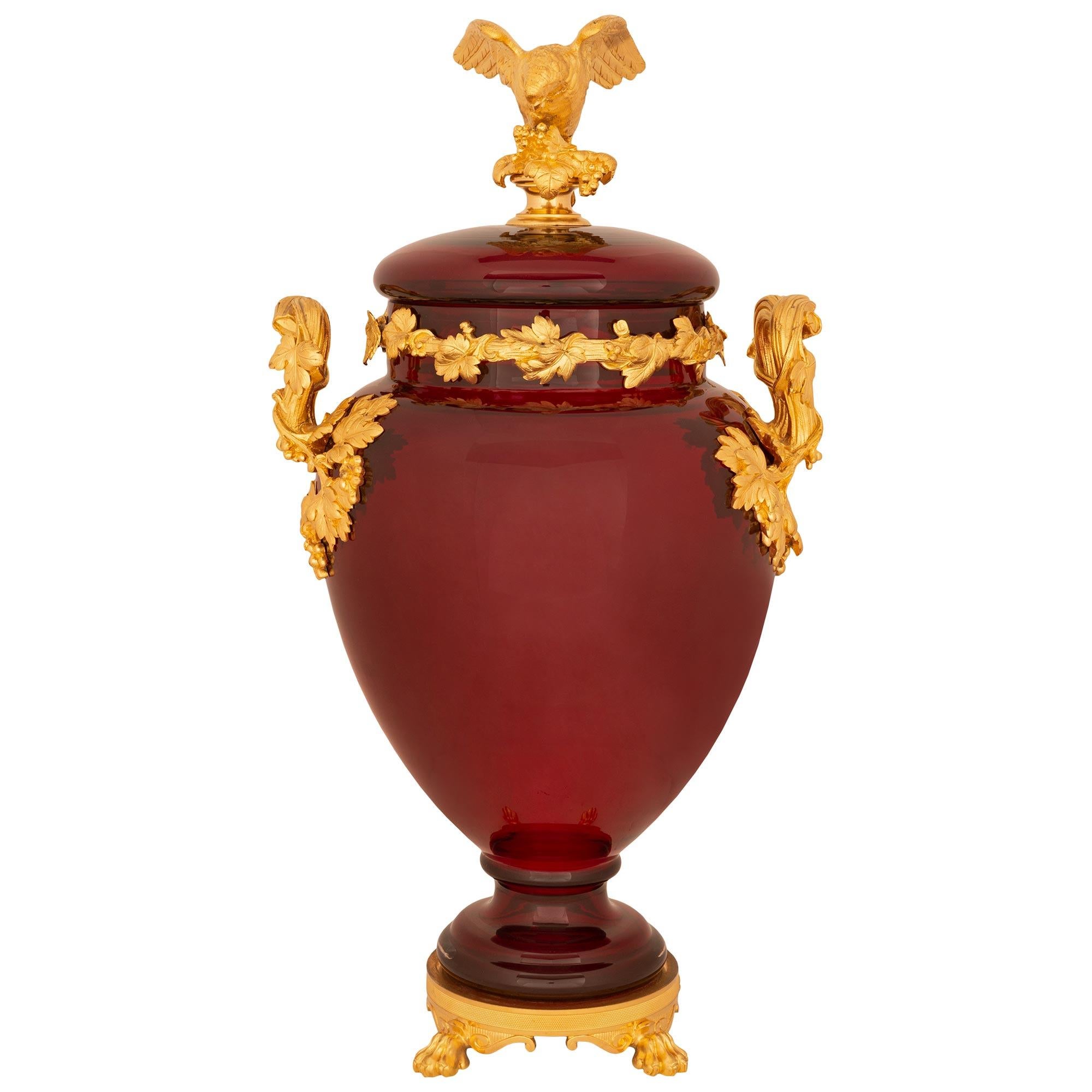French 19th Century Neo-Classical St. Oxblood Red Glass and Ormolu Lidded Urn For Sale 6