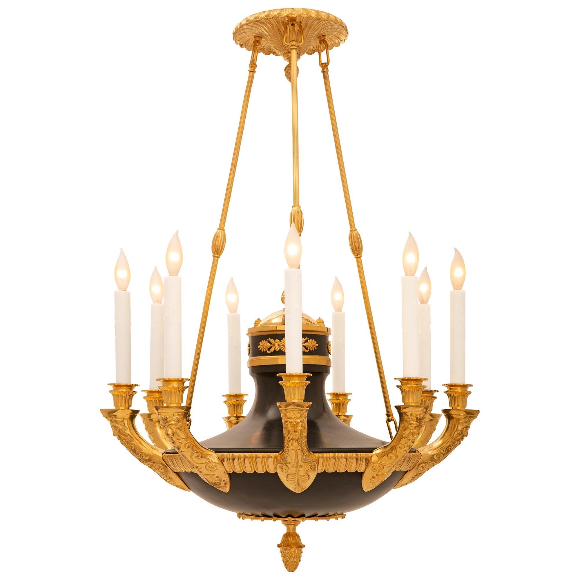 Neoclassical French 19th Century Neo-Classical St. Patinated Bronze and Ormolu Chandelier For Sale