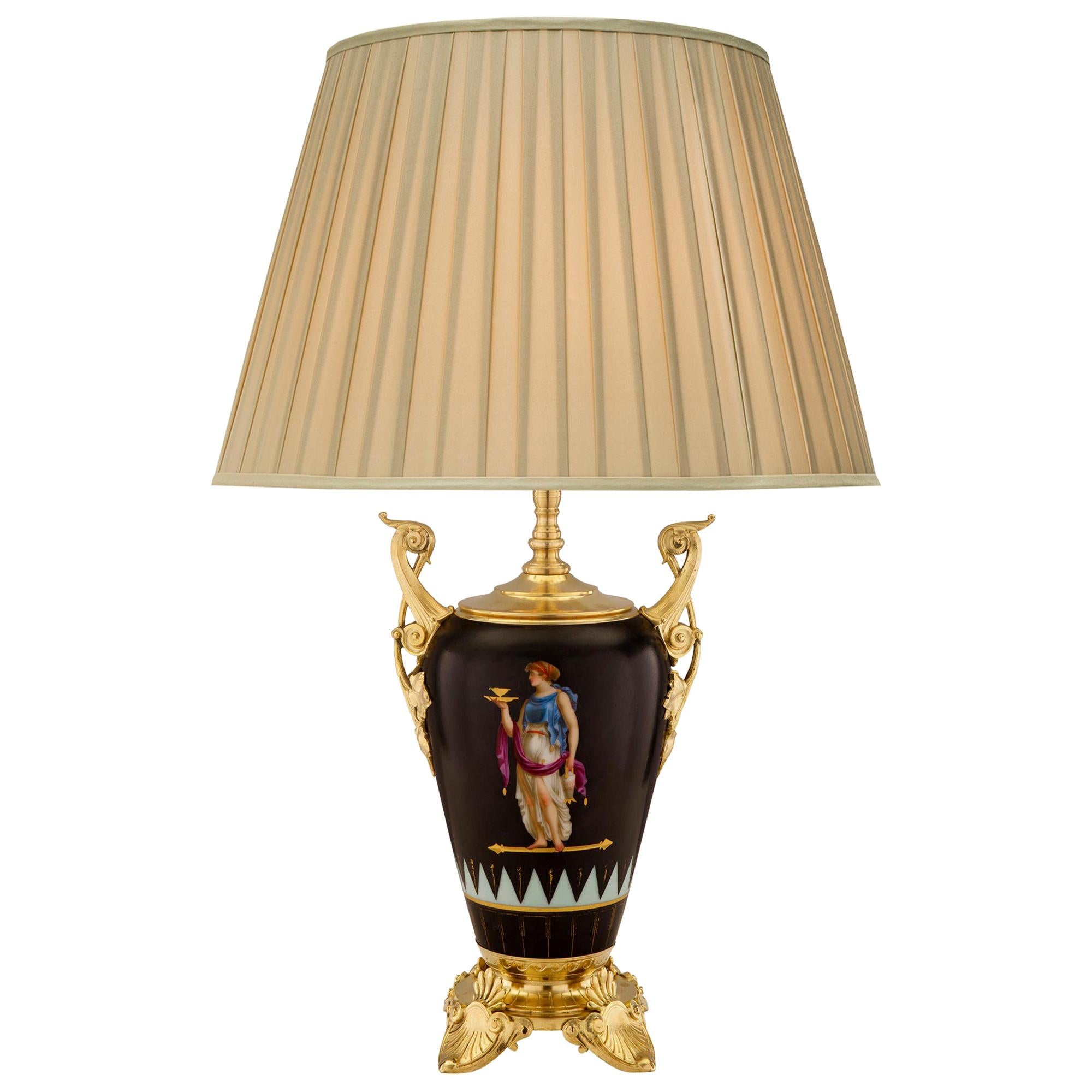 French 19th Century Neo-Grec Style Ormolu and Porcelain Lamp For Sale