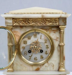 French 19th Century Neoclassical Alabaster and Bronze Gilt Mantel Clock