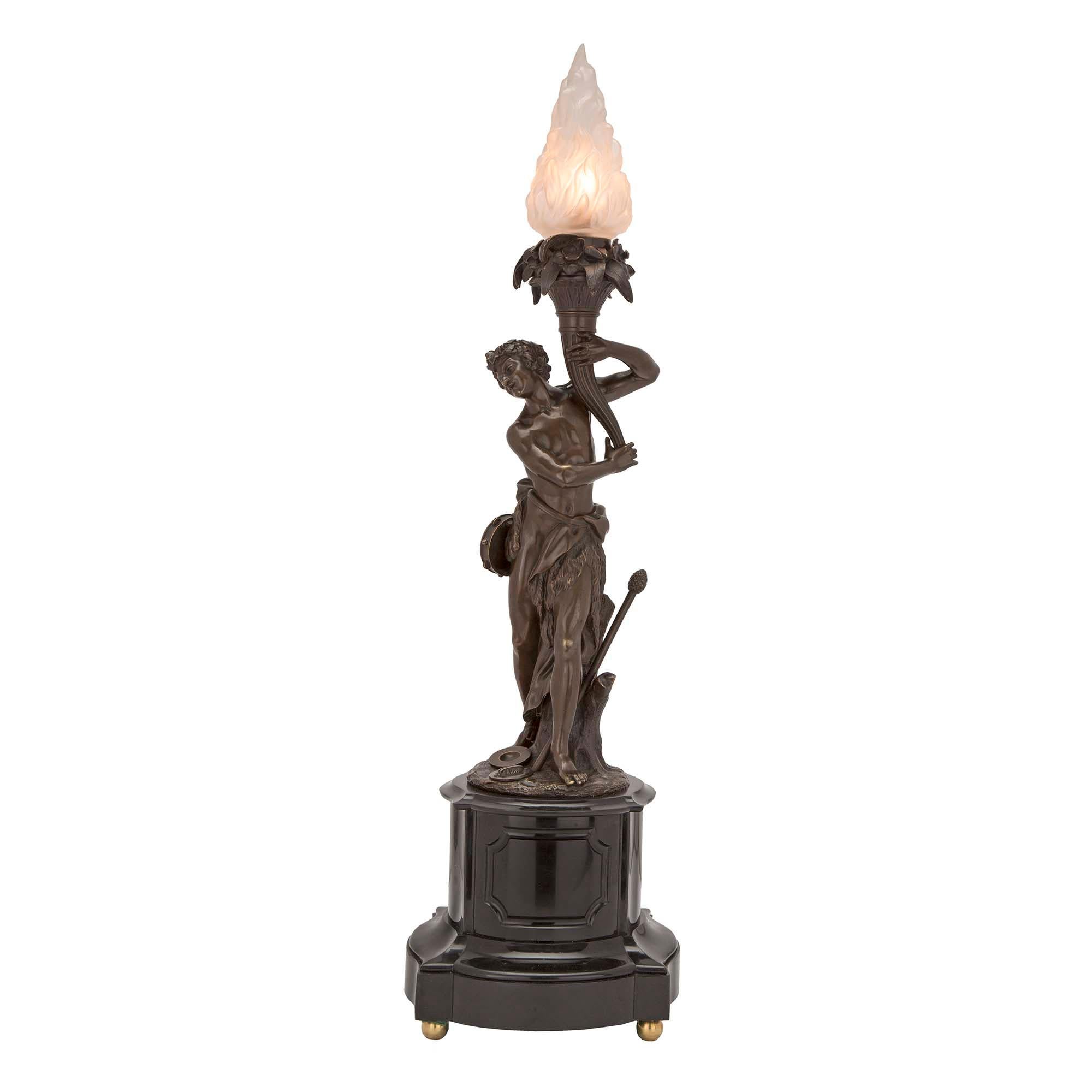 Patinated French 19th Century Neoclassical Bronze and Black Belgian Marble Lamps For Sale
