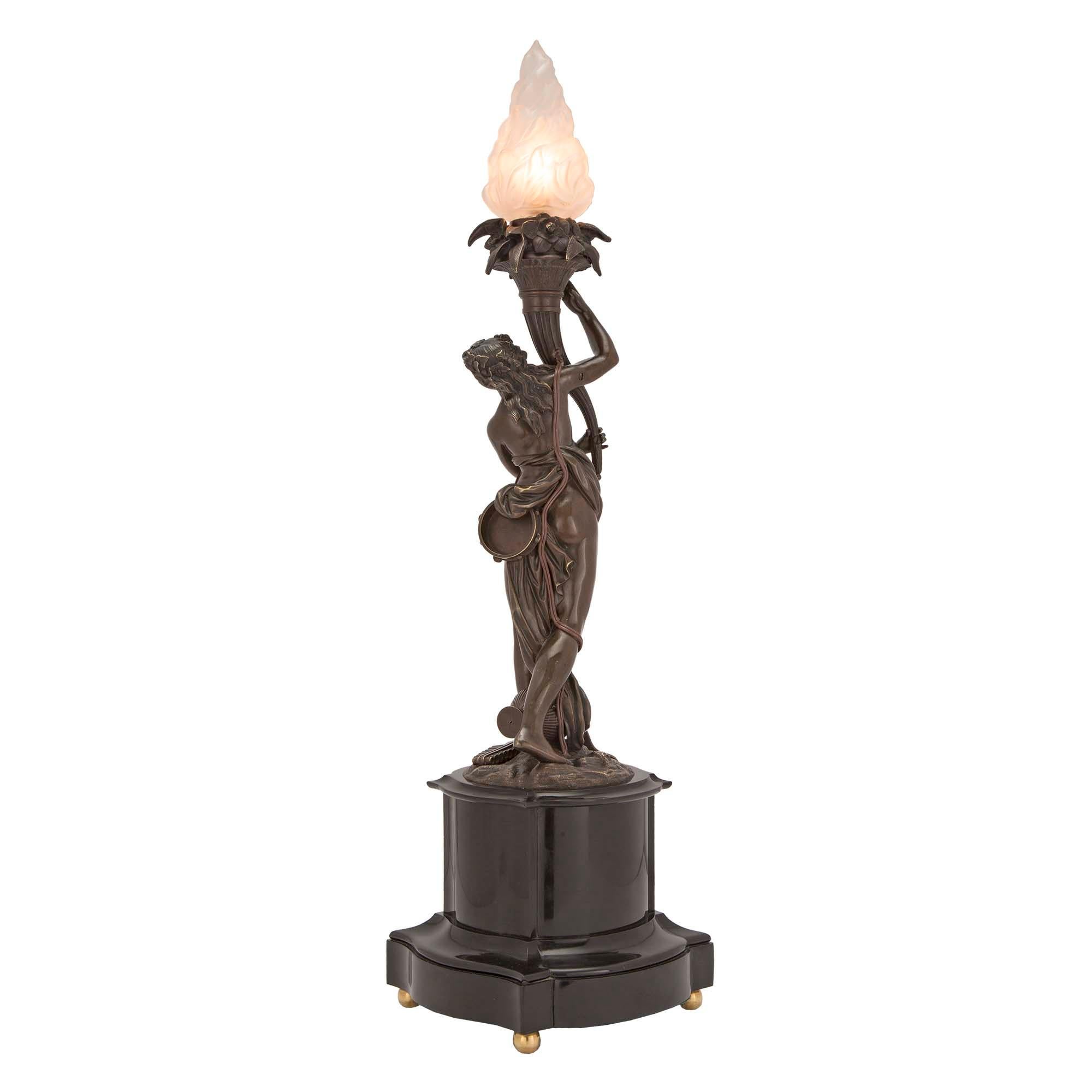 French 19th Century Neoclassical Bronze and Black Belgian Marble Lamps In Good Condition For Sale In West Palm Beach, FL