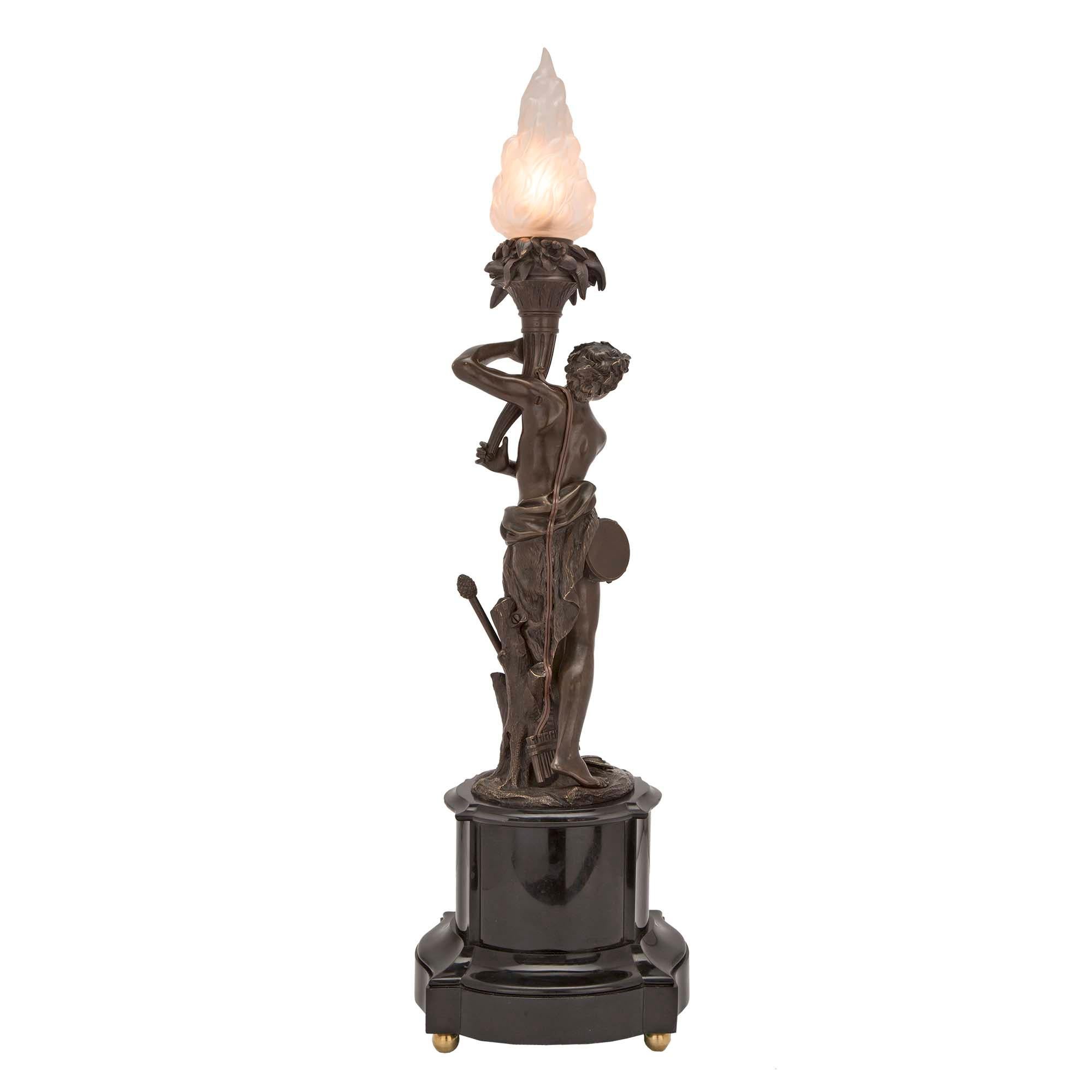 French 19th Century Neoclassical Bronze and Black Belgian Marble Lamps For Sale 1