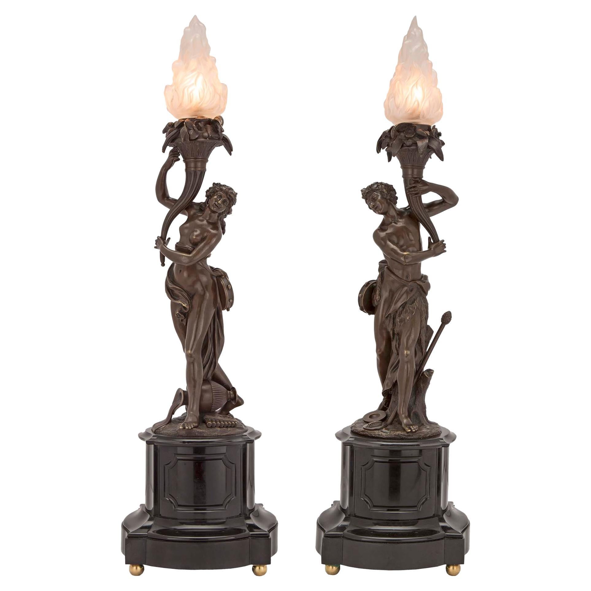 French 19th Century Neoclassical Bronze and Black Belgian Marble Lamps For Sale