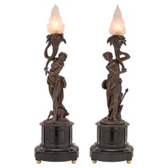 French 19th Century Neoclassical Bronze and Black Belgian Marble Lamps