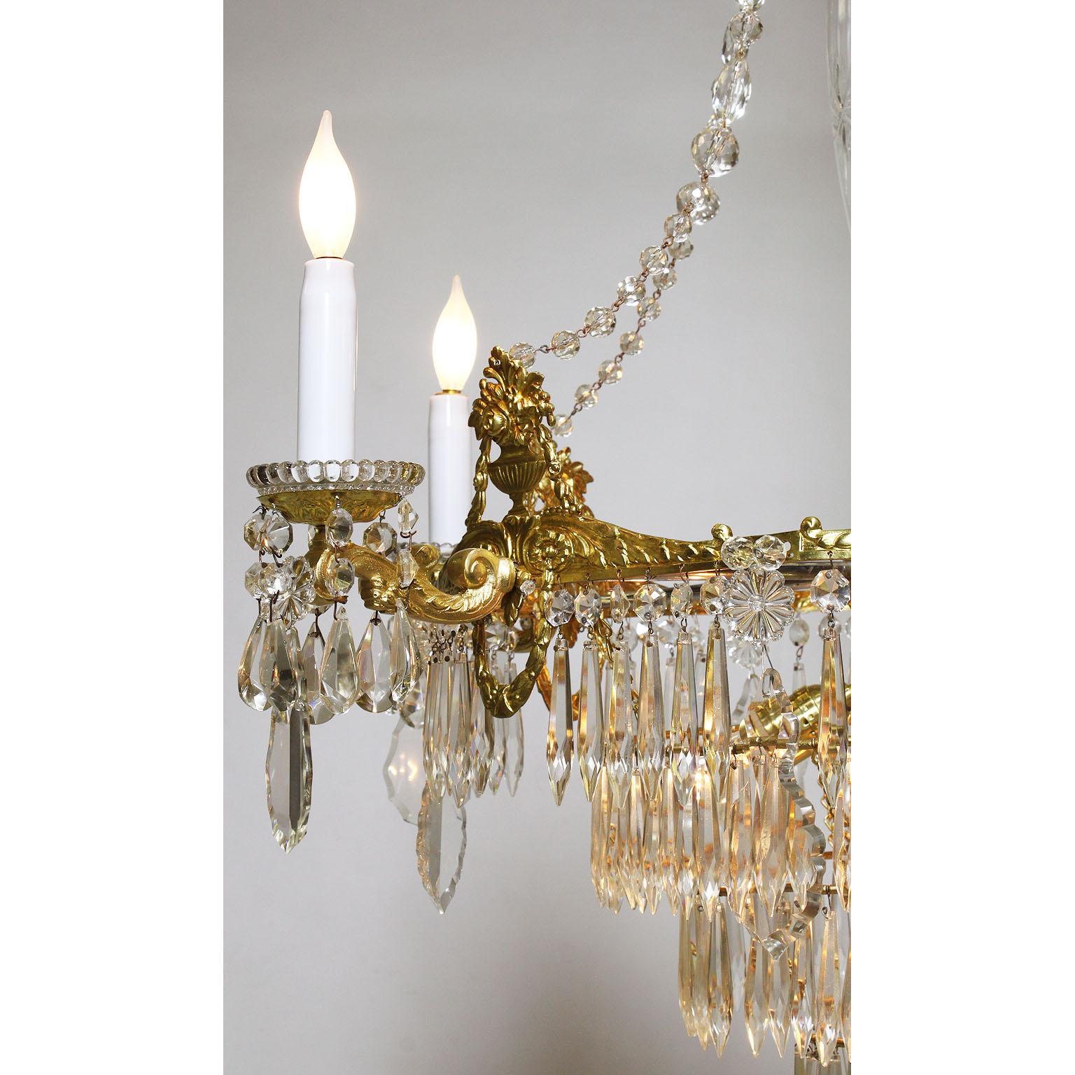 French 19th Century Neoclassical Revival Style Gilt-Metal & Cut-Glass Chandelier In Good Condition For Sale In Los Angeles, CA