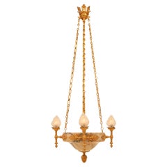 Lustre néoclassique français du 19ème siècle en albâtre et bronze doré