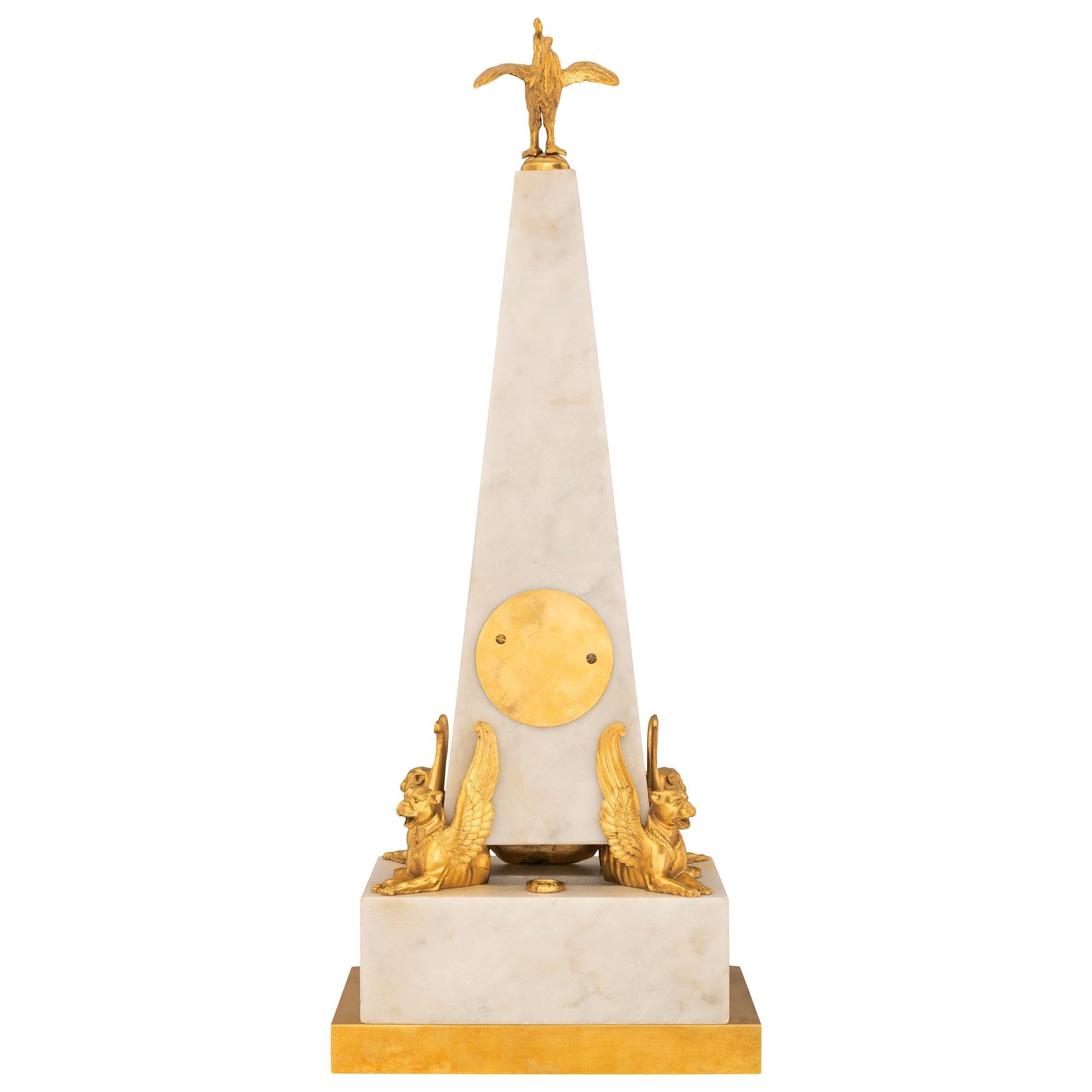 French 19th Century NeoClassical St. Marble & Ormolu Obelisk Shaped Clock For Sale 5