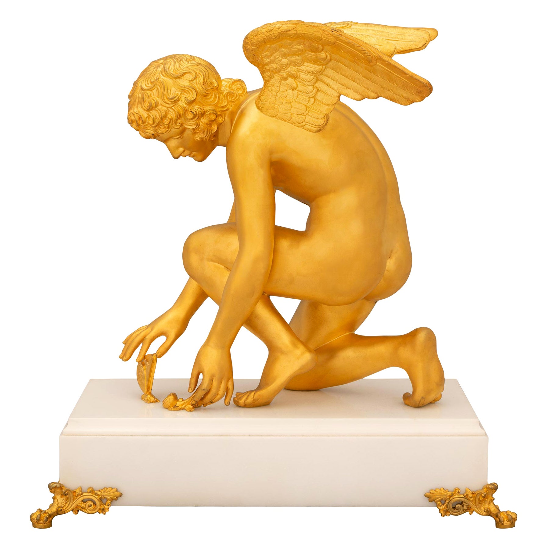 French 19th Century Neoclassical St. Ormolu And Marble Statue Of Cupid & Psyche