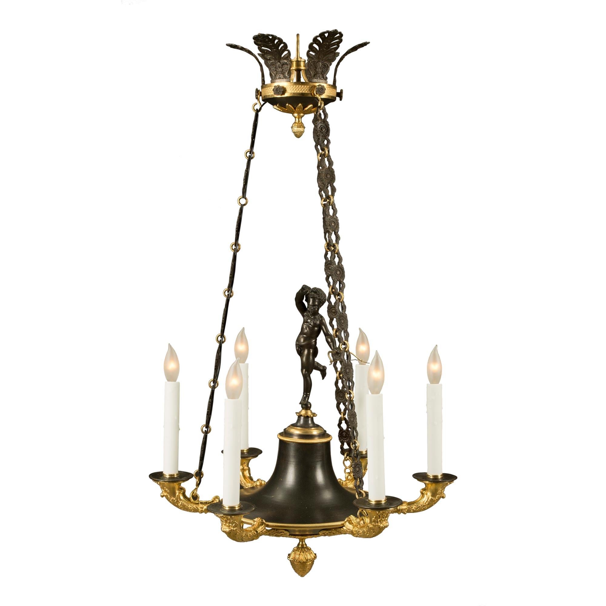 Patinated French 19th Century Neoclassical Style Bronze and Ormolu Chandelier For Sale