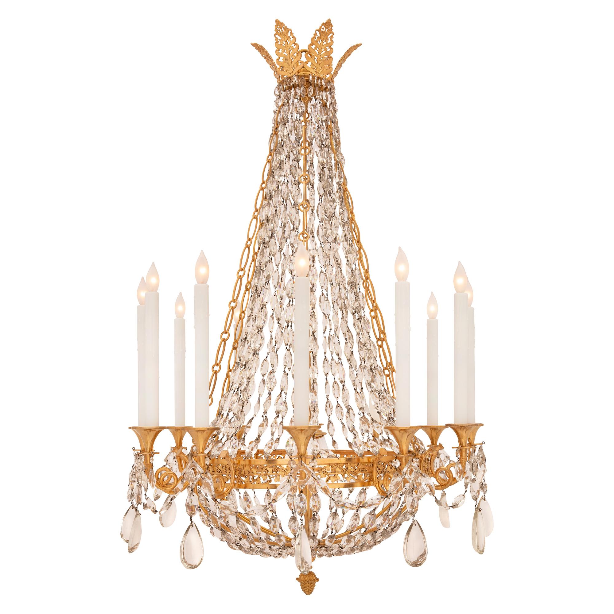 A striking French 19th century neo-classical st. ormolu and Baccarat crystal chandelier. The twelve arm fifteen light chandelier is centered by an elegant richly chased acorn finial below a lovely foliate reserve and leading out to a beautiful array