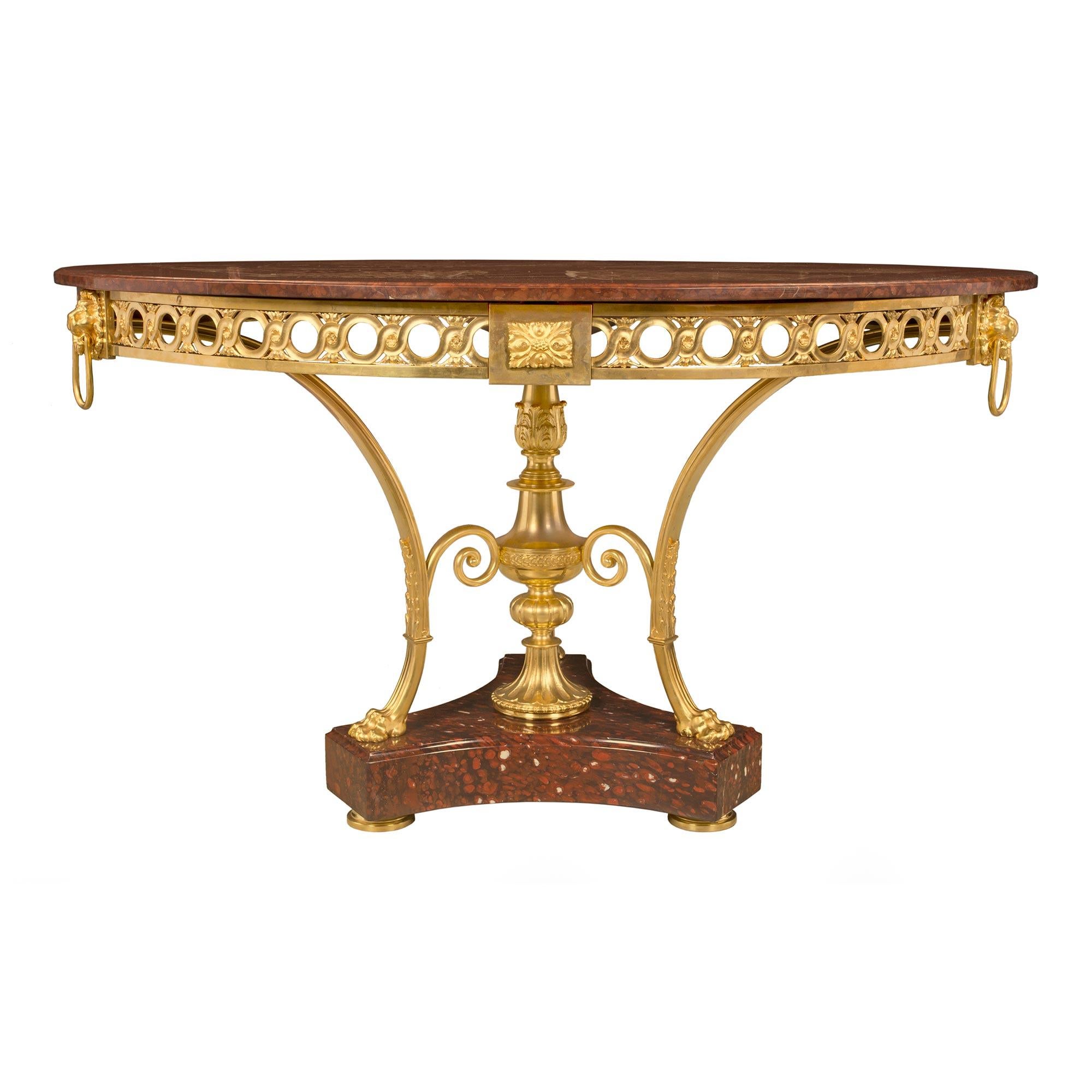French 19th Century Neoclassical Style Ormolu and Griotte Marble Center Table In Good Condition For Sale In West Palm Beach, FL